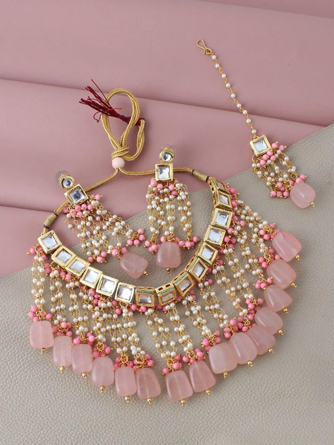 Pink 18k Gold-Plated Kundan-Studded & Beaded Jewellery Set - Libasaa