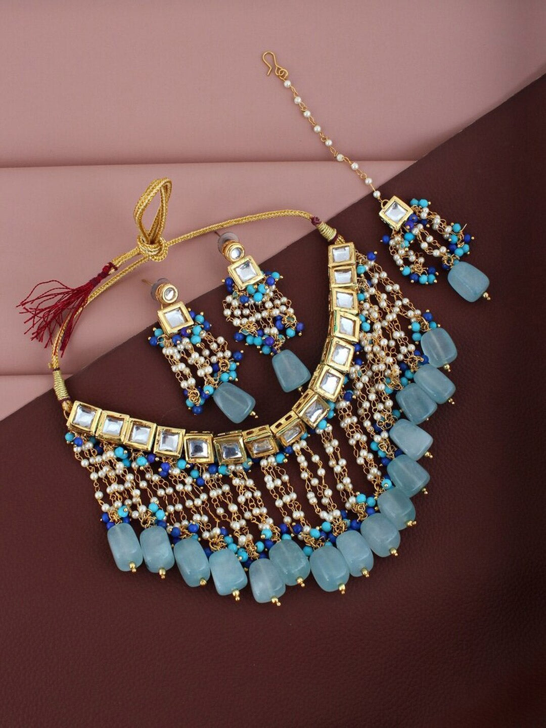 Blue Gold-Plated Ferozi Kundan Studded Jewellery Set