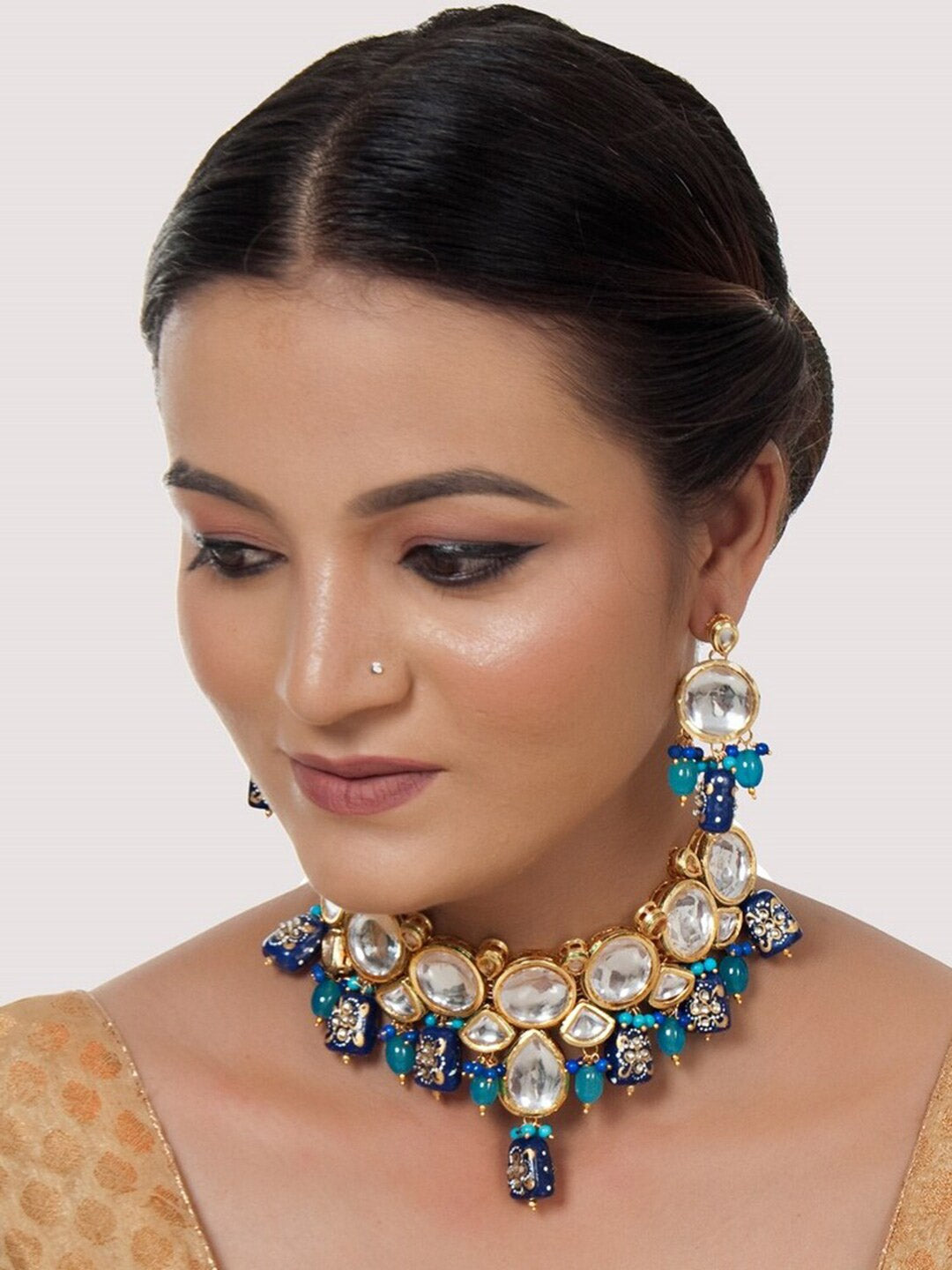 Blue 18k Gold-Plated Kundan-Studded & Beaded Meenakari Jewellery Set