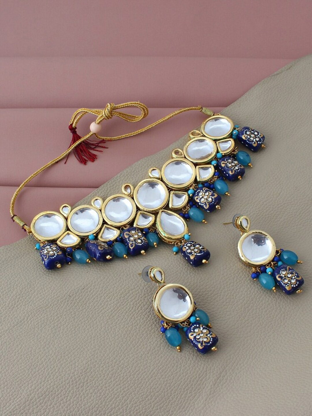 Blue 18k Gold-Plated Kundan-Studded & Beaded Meenakari Jewellery Set
