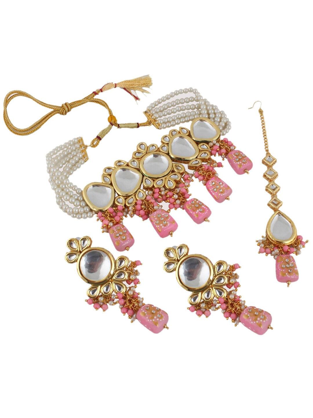 Pink Gold-Plated Kundan Studded Jewellery Set - Libasaa