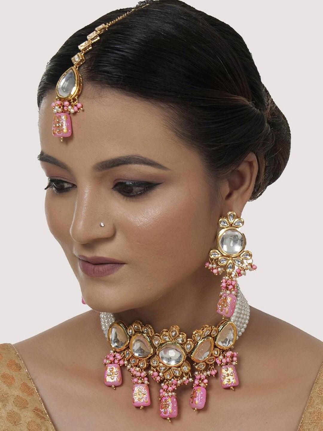 Pink Gold-Plated Kundan Studded Jewellery Set - Libasaa