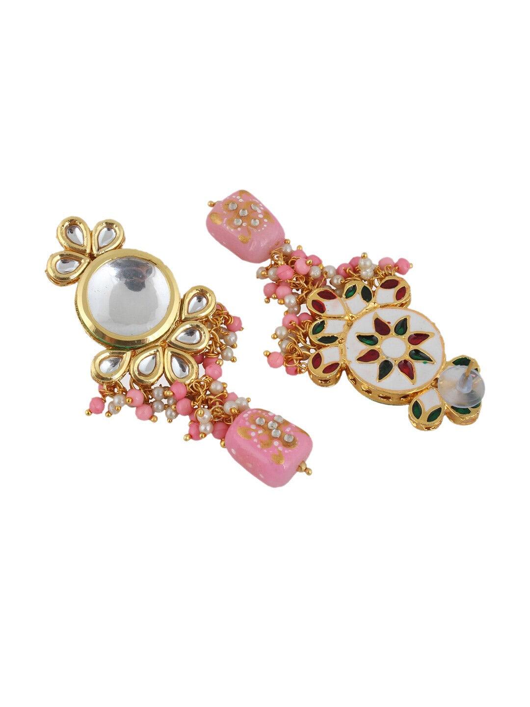 Pink Gold-Plated Kundan Studded Jewellery Set - Libasaa