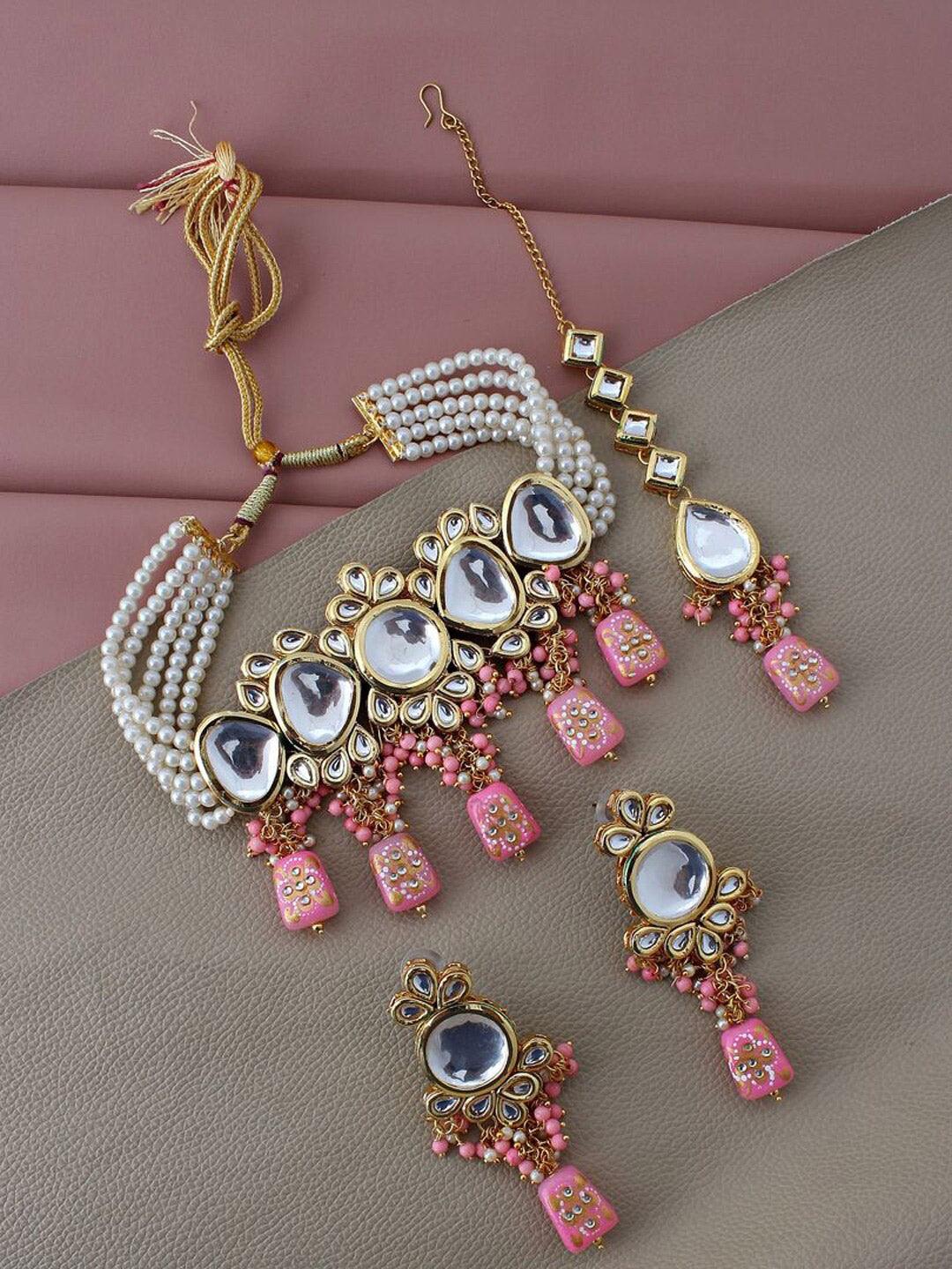 Pink Gold-Plated Kundan Studded Jewellery Set - Libasaa