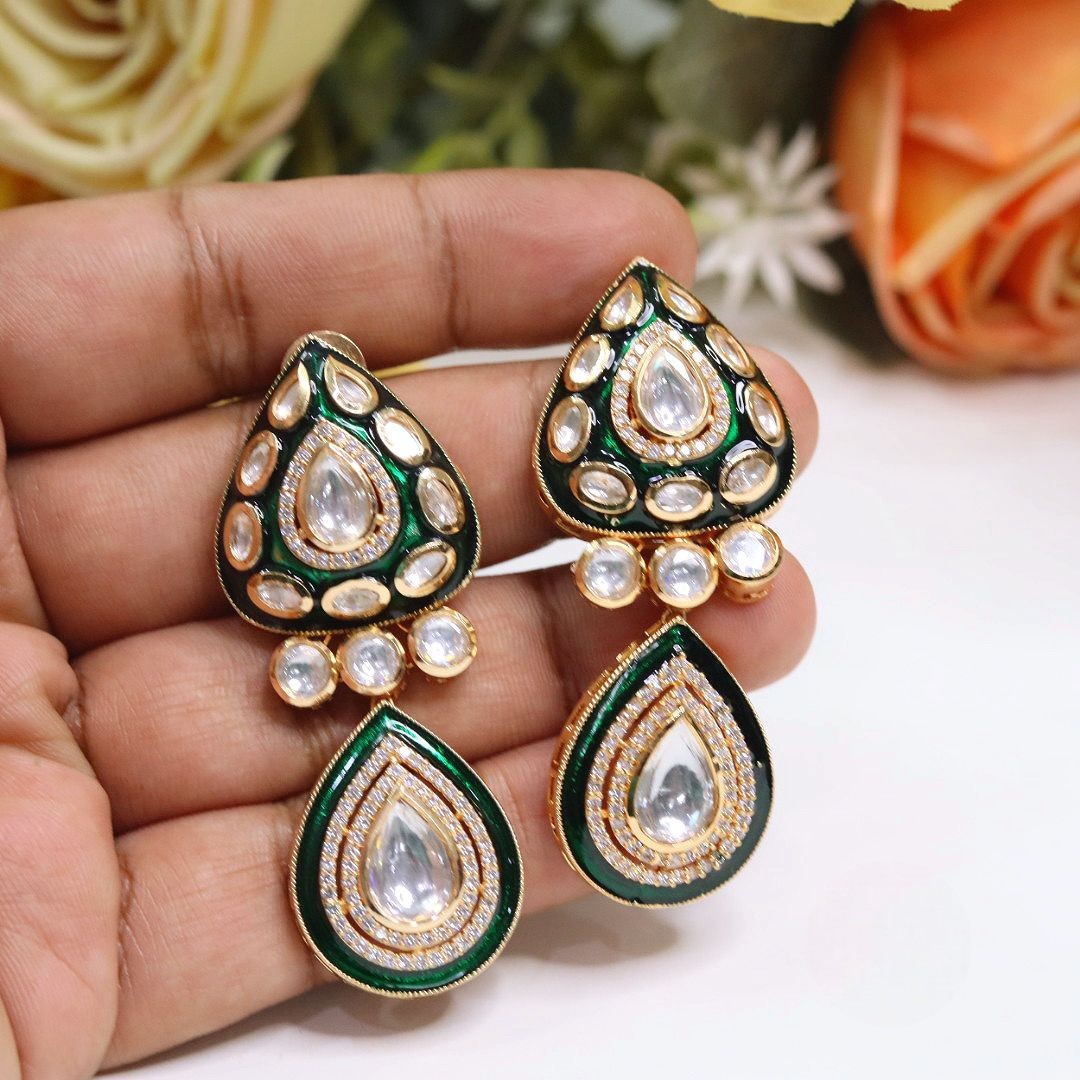 Polki Teardrop Danglers Earrings Set | Kalash Design Stud-Drops | Premium Polki Stone Earrings | Indian Jewellery
