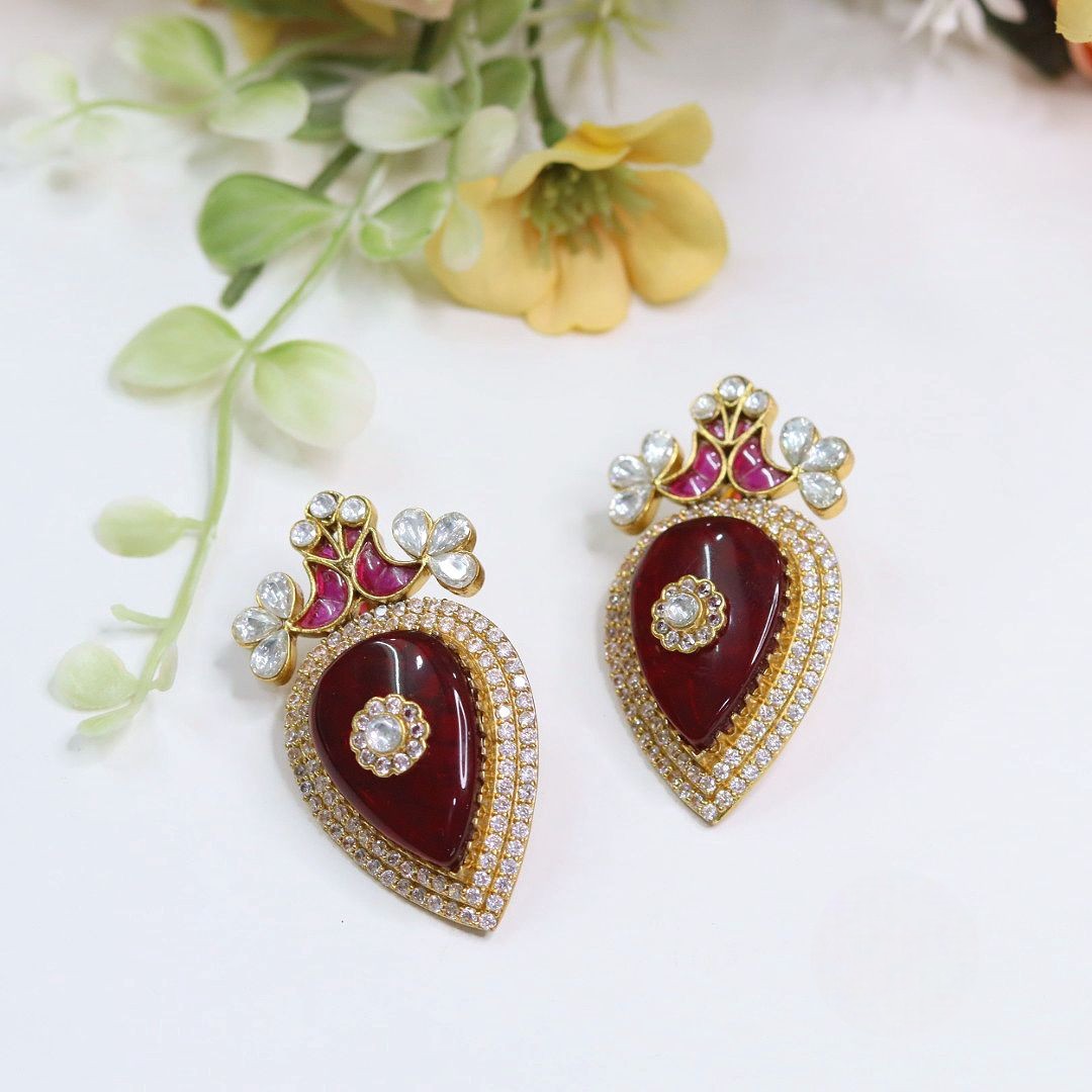 Stone Gold-Plated Earrings Jewellery Set | Teardrop Designer Earrings | Elegant Indian Jewellery for Women