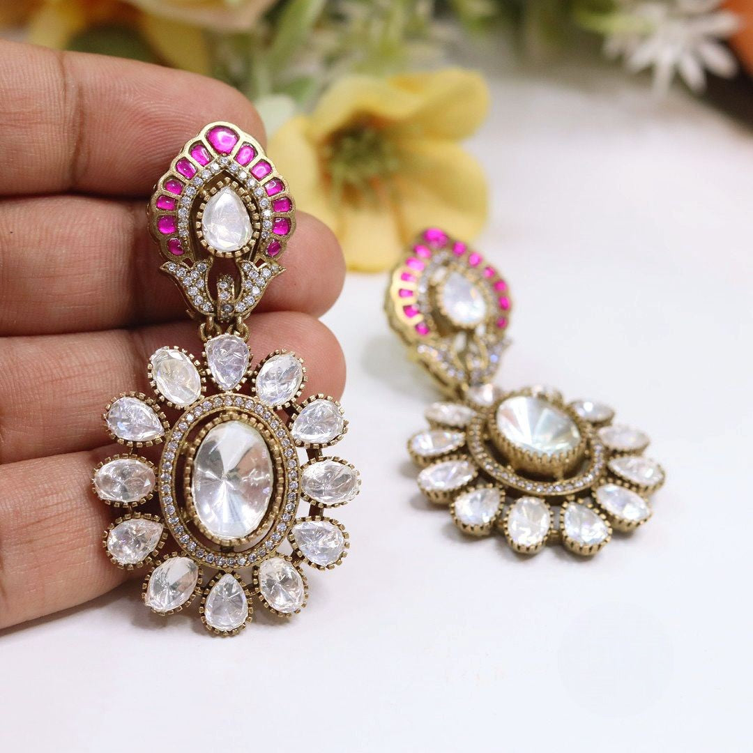 Kundan & AD Stone Earrings Jewellery Set | Gold-Plated Dangler Earrings | Premium Indian Jewellery for Women