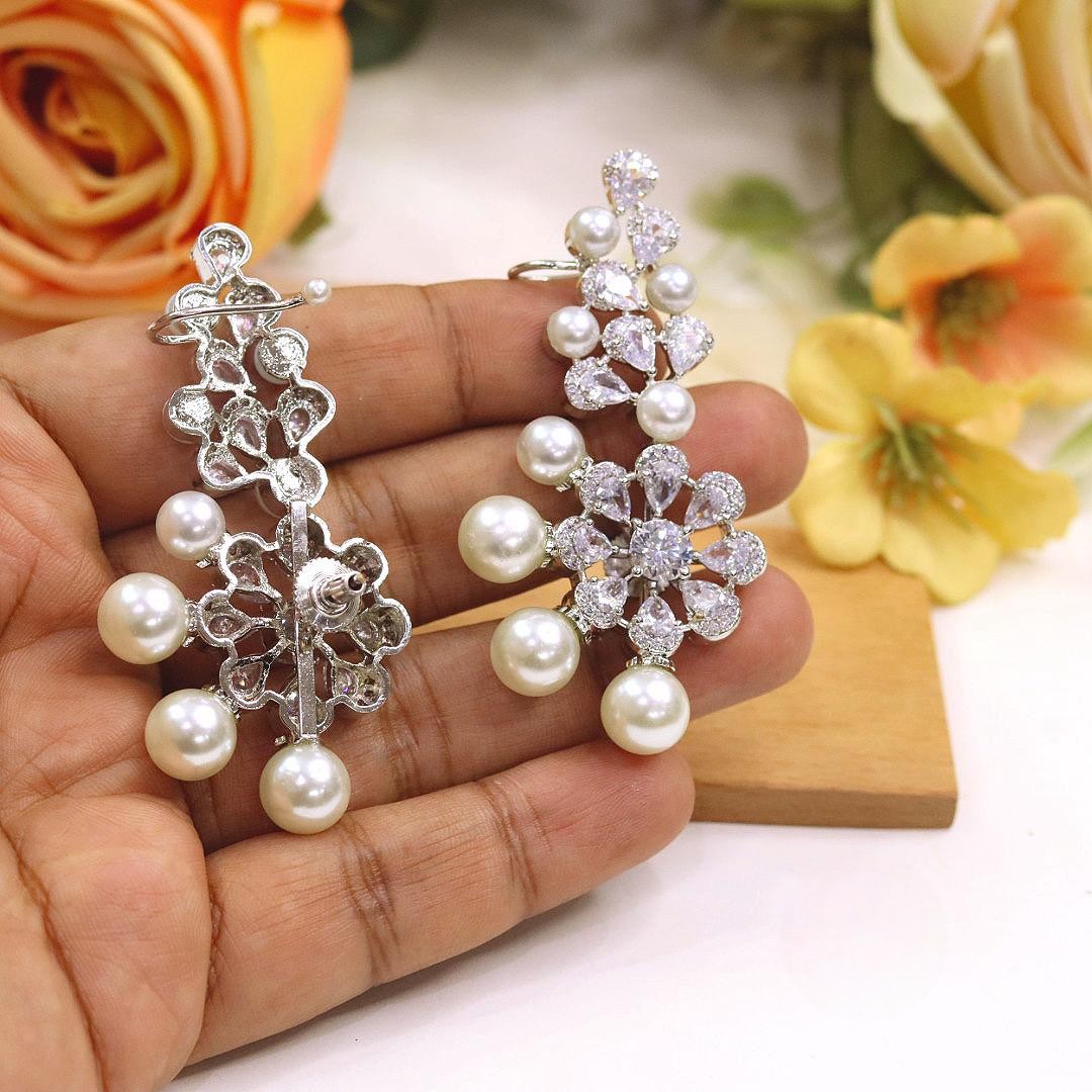 Premium Pearl & Crystal Floral Ear Cuff Earrings | Ananya Pandey Bollywood Actress Inspired Indian Jewellery | Elegant Pearl Jewellery Indian Earning Set