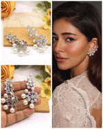 Premium Pearl & Crystal Floral Ear Cuff Earrings | Ananya Pandey Bollywood Actress Inspired Indian Jewellery | Elegant Pearl Jewellery Indian Earning Set