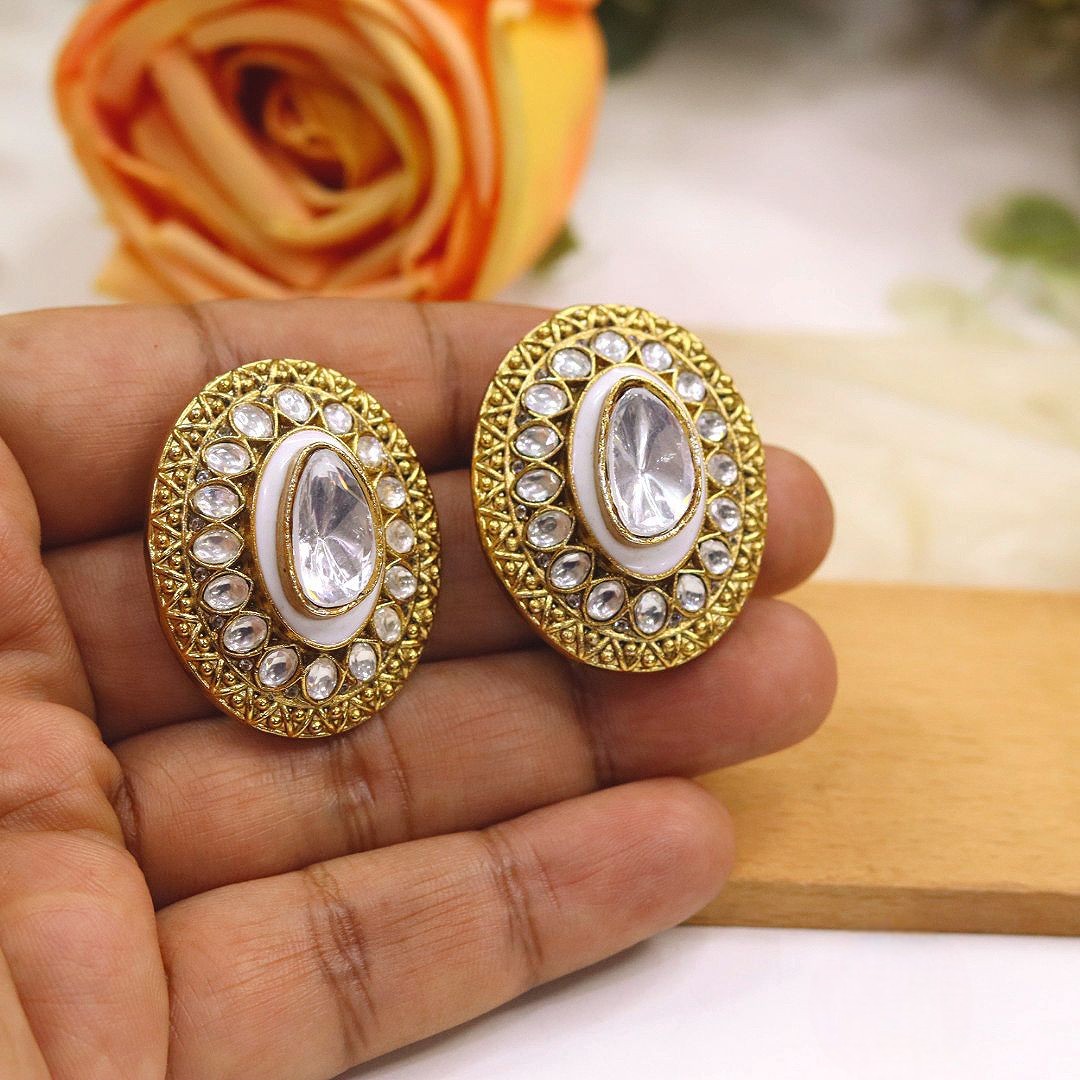 Gold-Plated Kundan Statement Stud Earrings | Ananya Pandey Bollywood Actress Inspired Indian Jewellery | Premium Kundan Jewellery Indian Earning Set