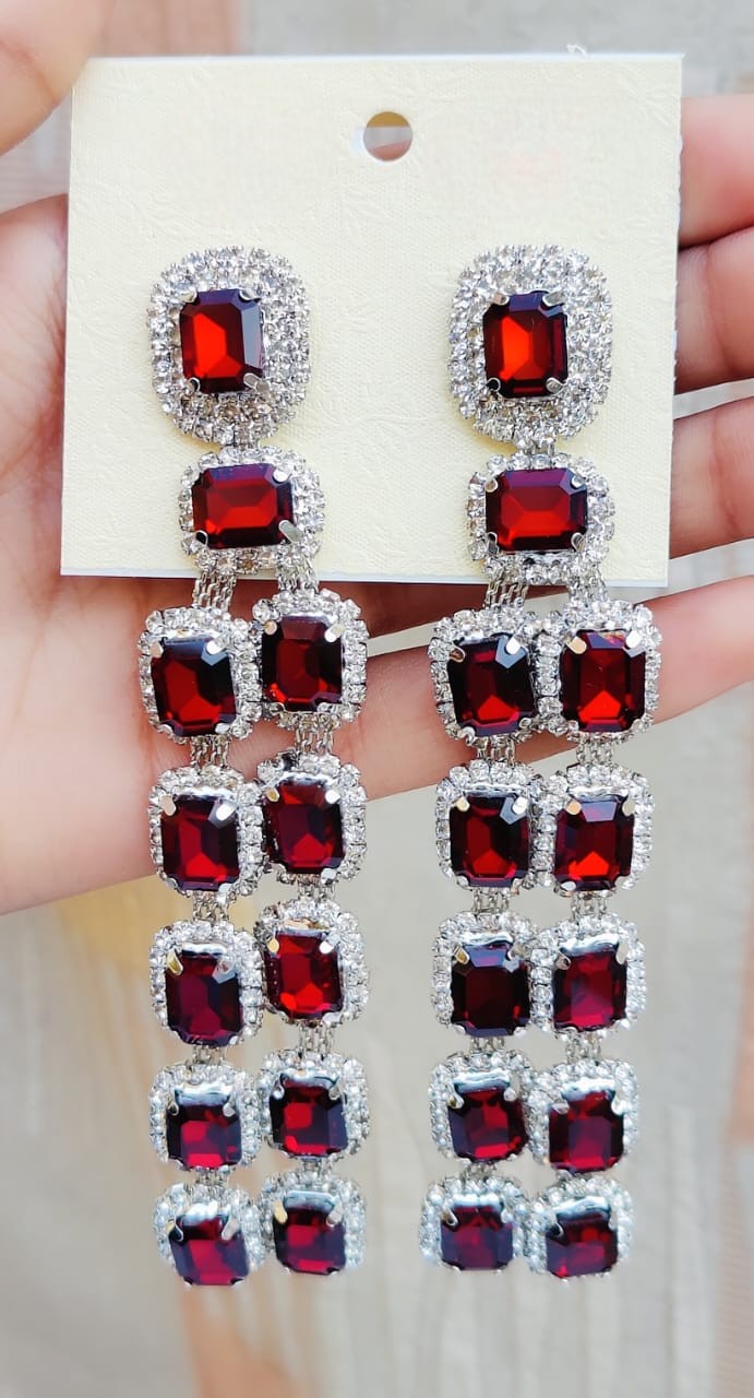 Royal Sapphire Look Long Dangler Earrings with Diamond Cut Stones | Silver Finish Party Wear Indian Jewellery Earrings Set