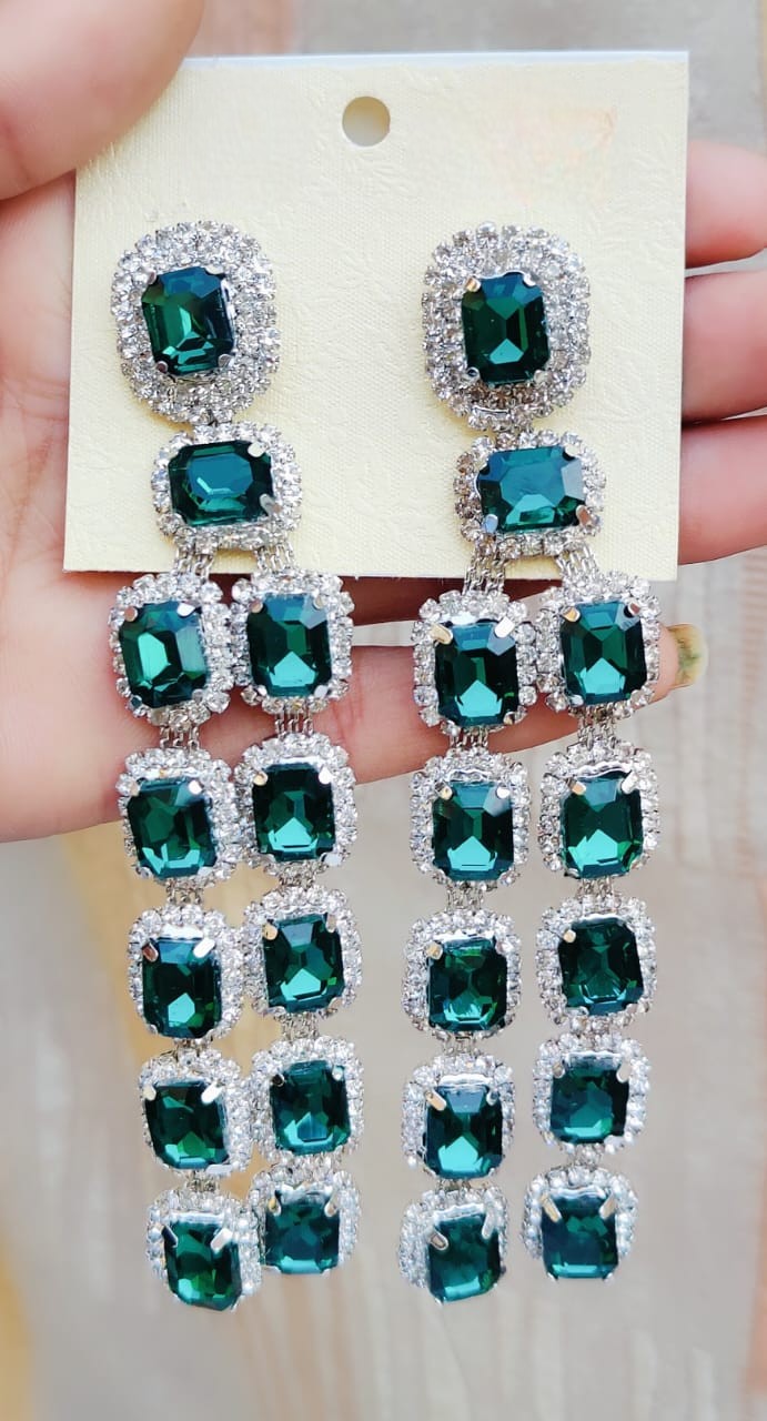 Royal Sapphire Look Long Dangler Earrings with Diamond Cut Stones | Silver Finish Party Wear Indian Jewellery Earrings Set