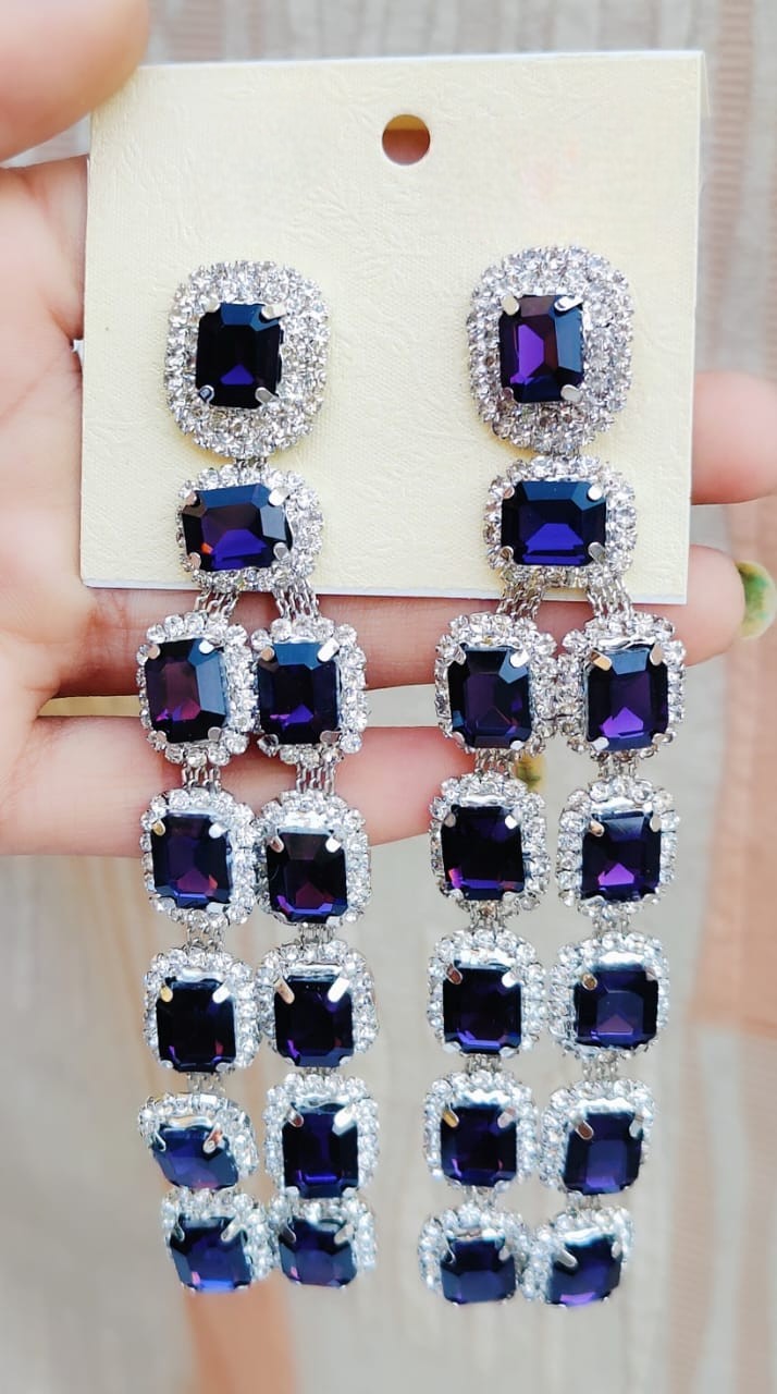 Royal Sapphire Look Long Dangler Earrings with Diamond Cut Stones | Silver Finish Party Wear Indian Jewellery Earrings Set