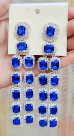 Royal Sapphire Look Long Dangler Earrings with Diamond Cut Stones | Silver Finish Party Wear Indian Jewellery Earrings Set