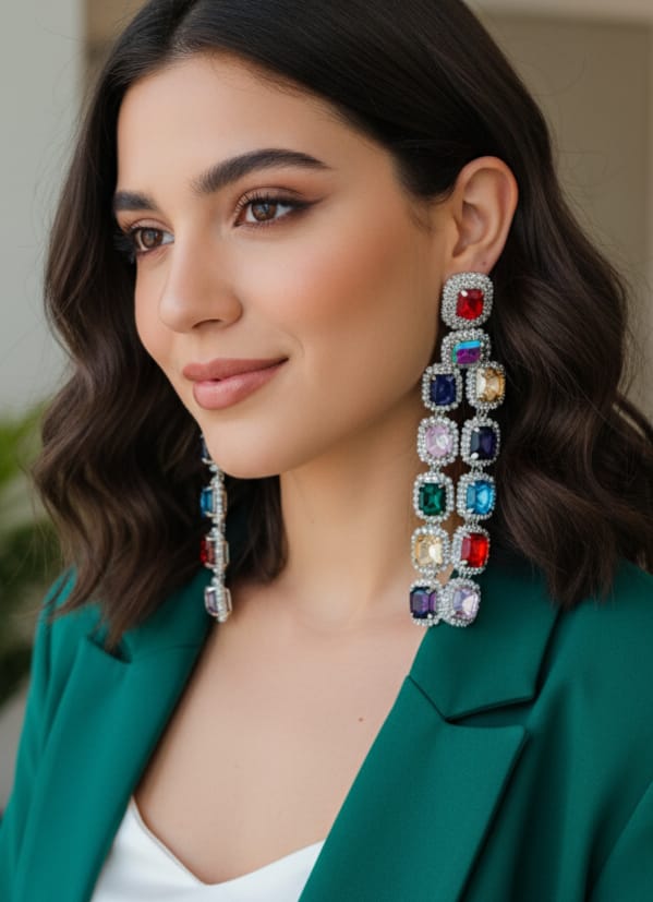 Royal Sapphire Look Long Dangler Earrings with Diamond Cut Stones | Silver Finish Party Wear Indian Jewellery Earrings Set