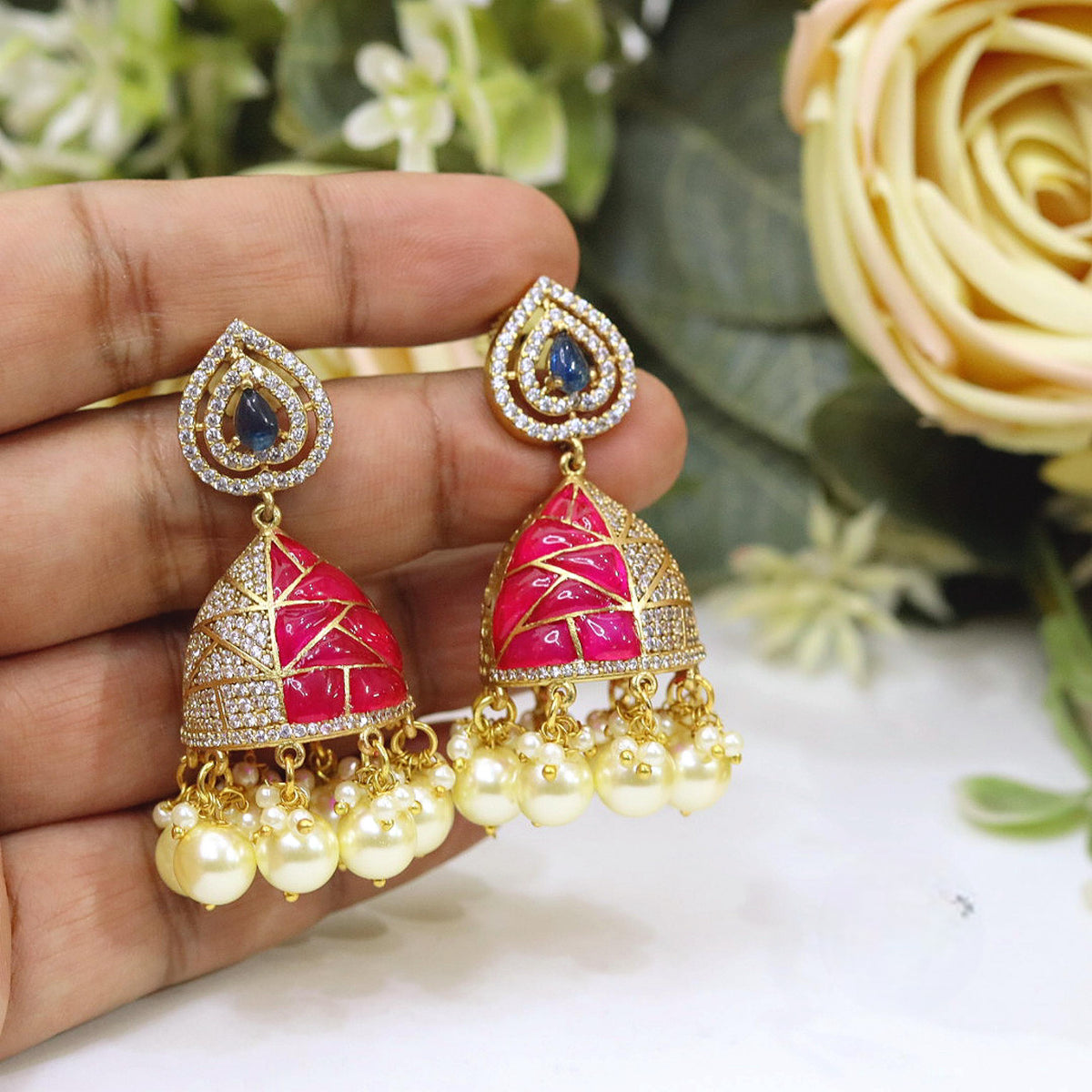 Gold-Plated Jhumka Earrings with Pink Meenakari & Pearl Droplets | Indian Gold Plated Jewellery Earring Set