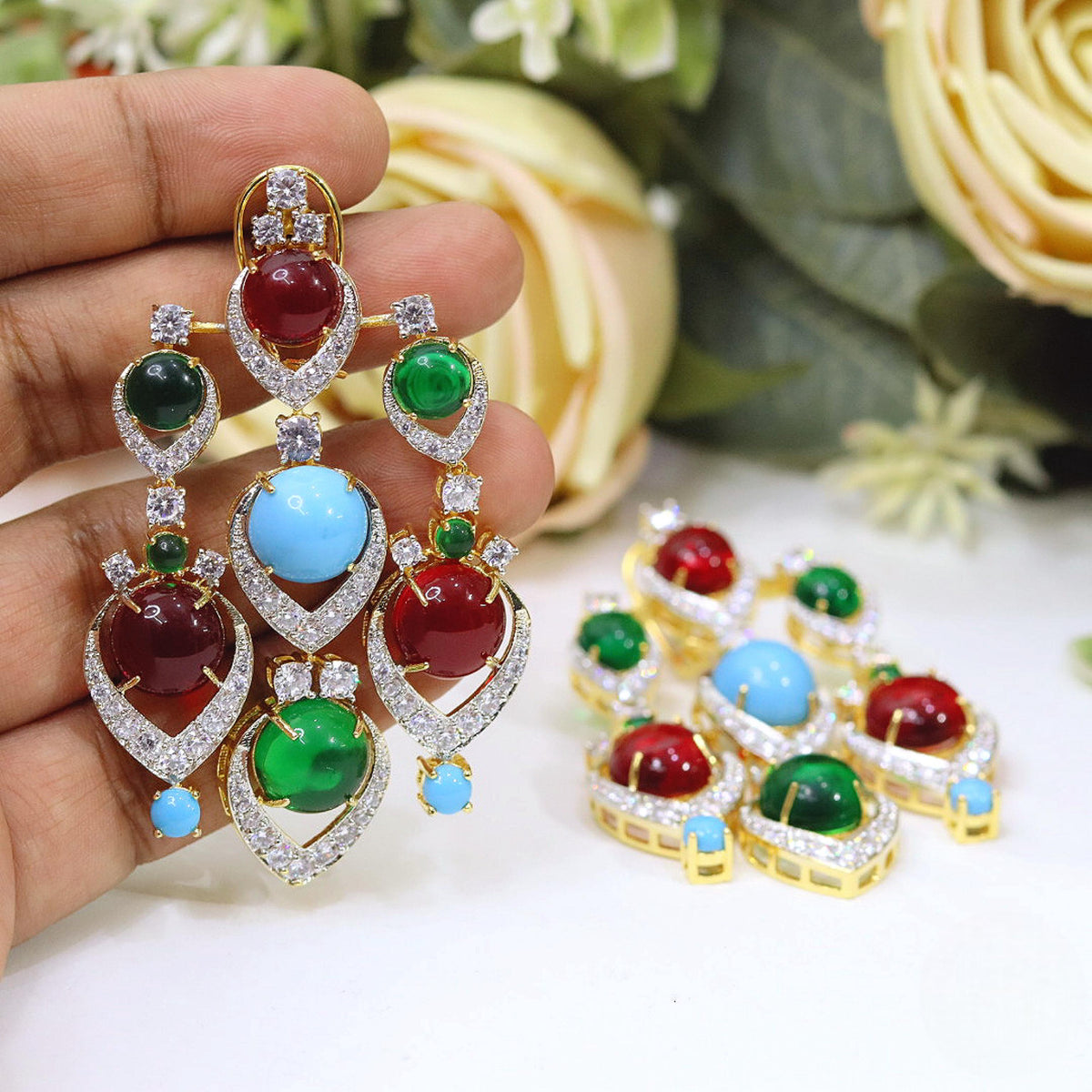 Navratna Earrings Multi-Stone Chandelier | Colorful Indian Bridal Jewelry Traditional Indian Earring Set