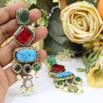 Handcrafted Navratna Multi-Stone Dangler Earrings | Gold Plated Kundan Polki Indian Jewellery Bridal Earring Set