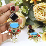 Handcrafted Navratna Multi-Stone Dangler Earrings | Gold Plated Kundan Polki Indian Jewellery Bridal Earring Set