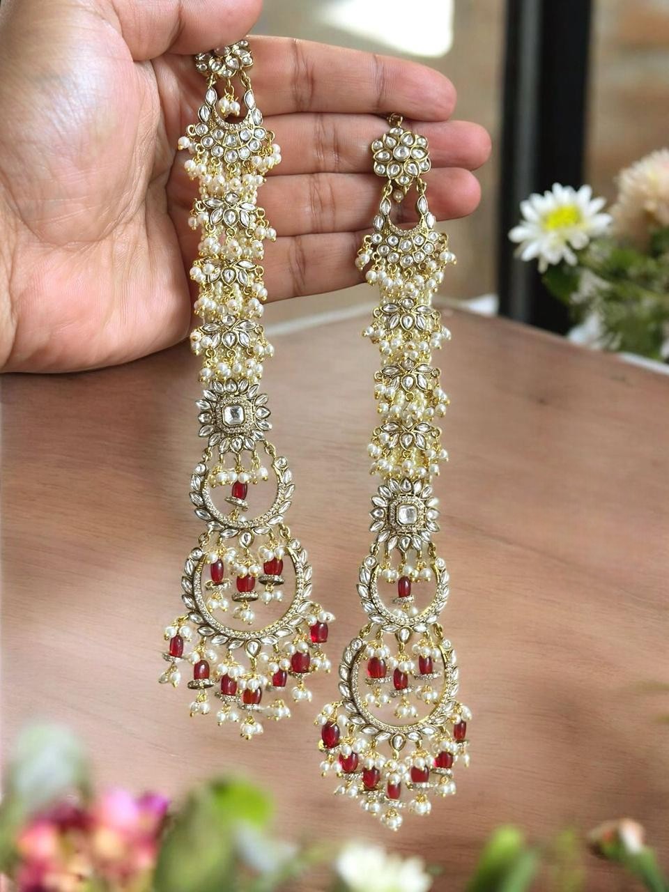 Kundan Chandbali Long Earrings with Pearls & Red-Green Beads | Bridal Traditional Indian Jewelry
