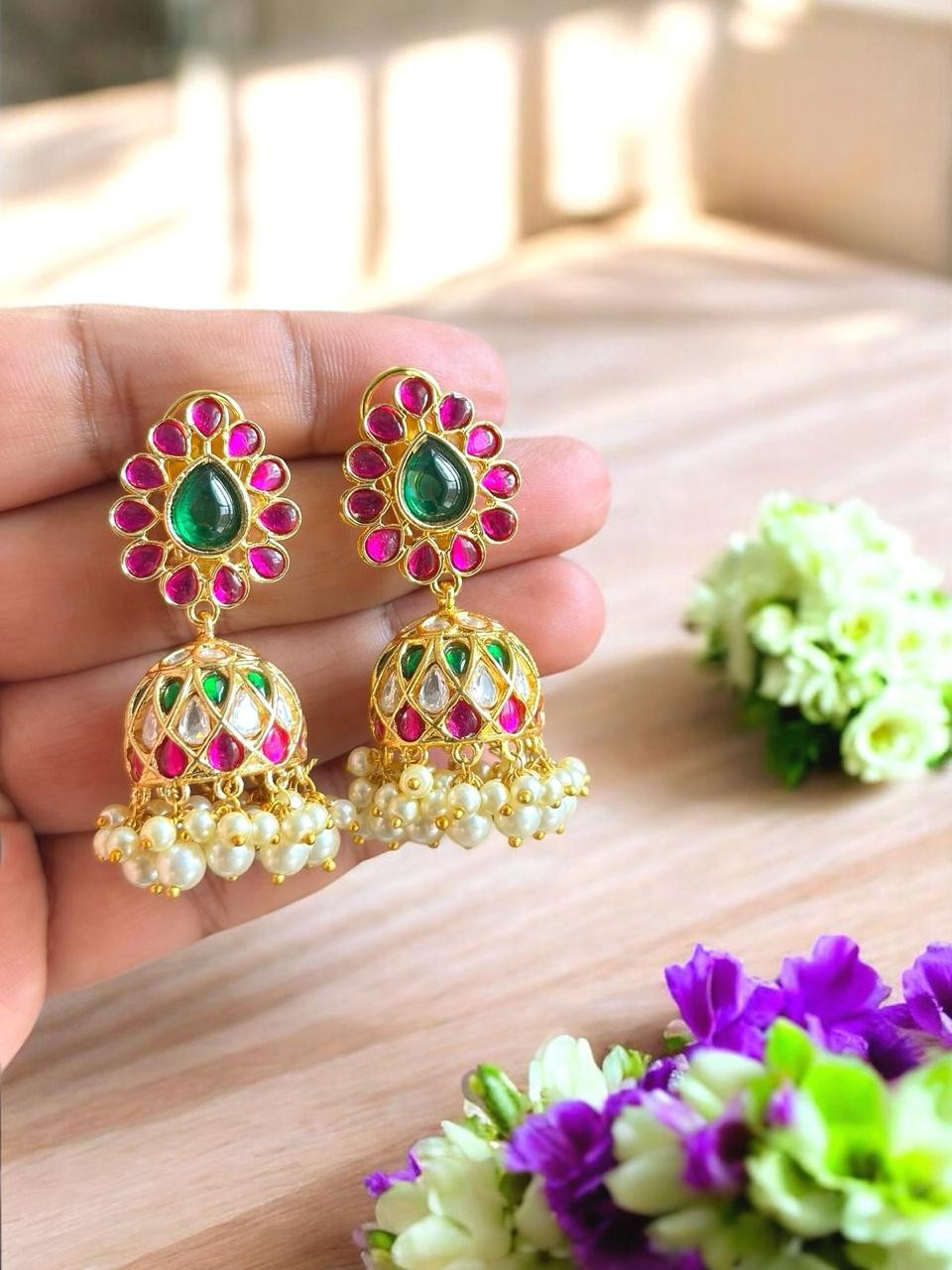 Traditional Ruby & Emerald Kundan Jhumka Earrings | Floral Teardrop Gold Plated Earrings with Pearl Drops | Classic Indian Bridal Festive Jewelry
