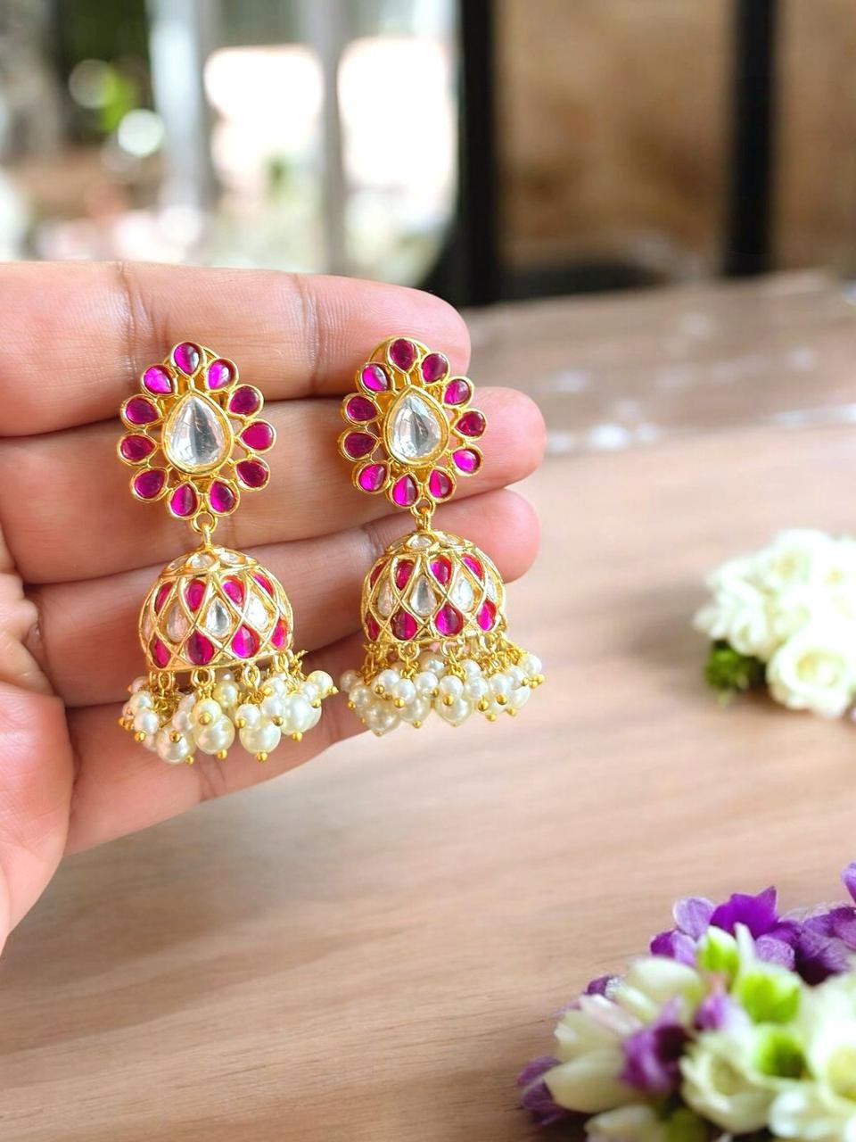 Traditional Ruby & Emerald Kundan Jhumka Earrings | Floral Teardrop Gold Plated Earrings with Pearl Drops | Classic Indian Bridal Festive Jewelry