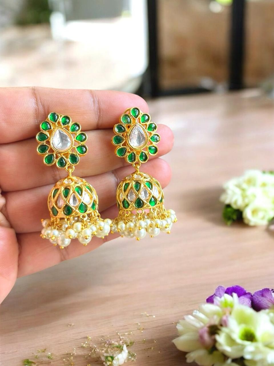 Traditional Ruby & Emerald Kundan Jhumka Earrings | Floral Teardrop Gold Plated Earrings with Pearl Drops | Classic Indian Bridal Festive Jewelry