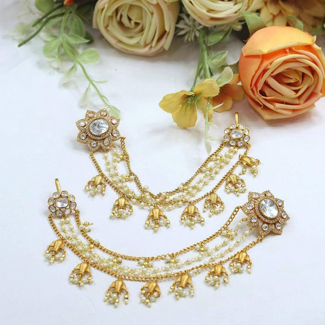 Premium Gold-Plated Kundan & Pearl Drop Earrings with Chains | Traditional Indian Bridal & Wedding Earring Set for Women