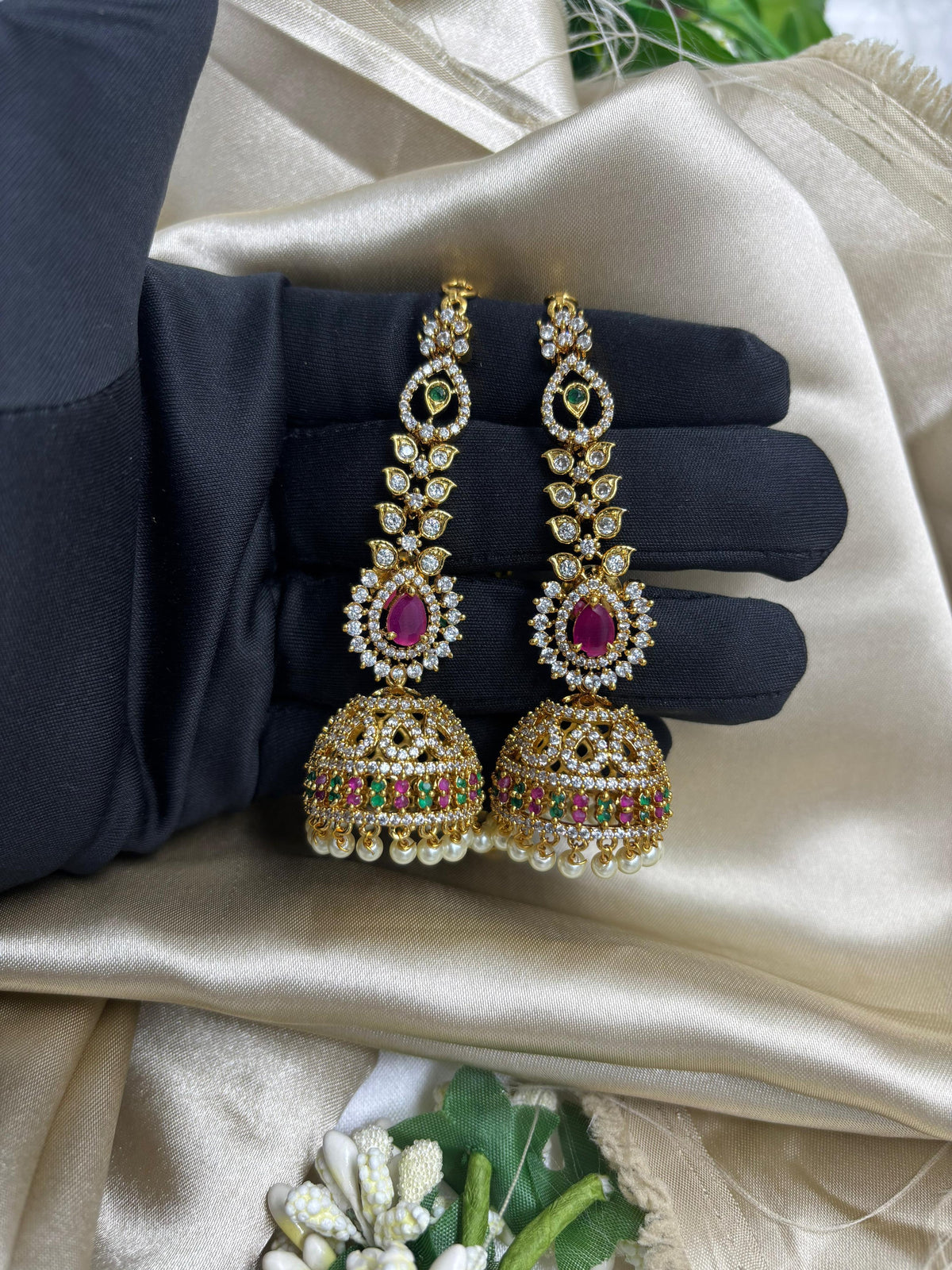 Premium AD Multi Jhumka Earrings – Sparkling Bridal & Party Jewelry
