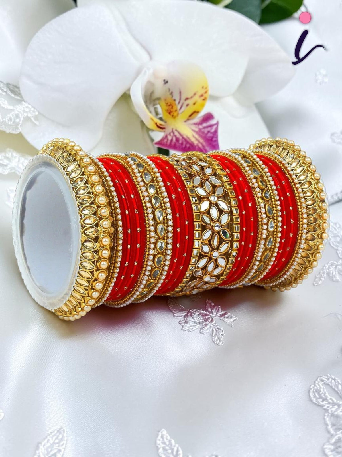 Red Bridal Bangle Set with Flower Mirror Kada and Pacheli Bangles, Traditional Indian Wedding Jewelry for Women