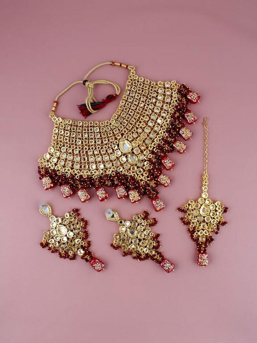 Maroon Gold-Plated Kundan-Studded Jewellery Set - Libasaa