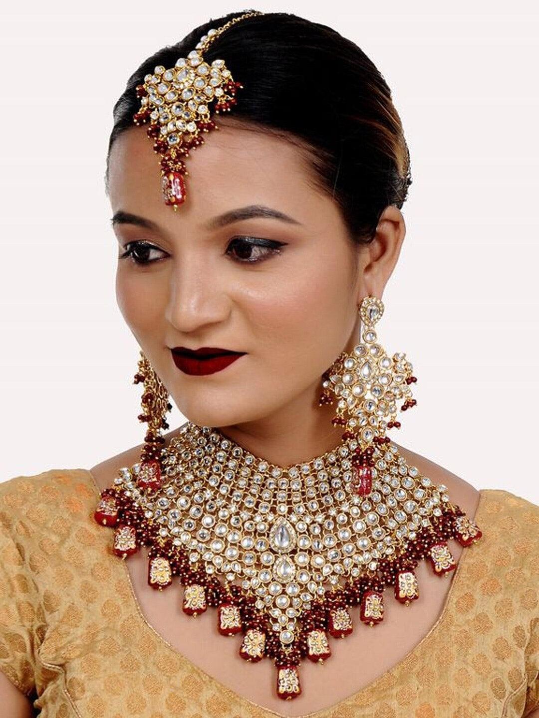 Maroon Gold-Plated Kundan-Studded Jewellery Set - Libasaa