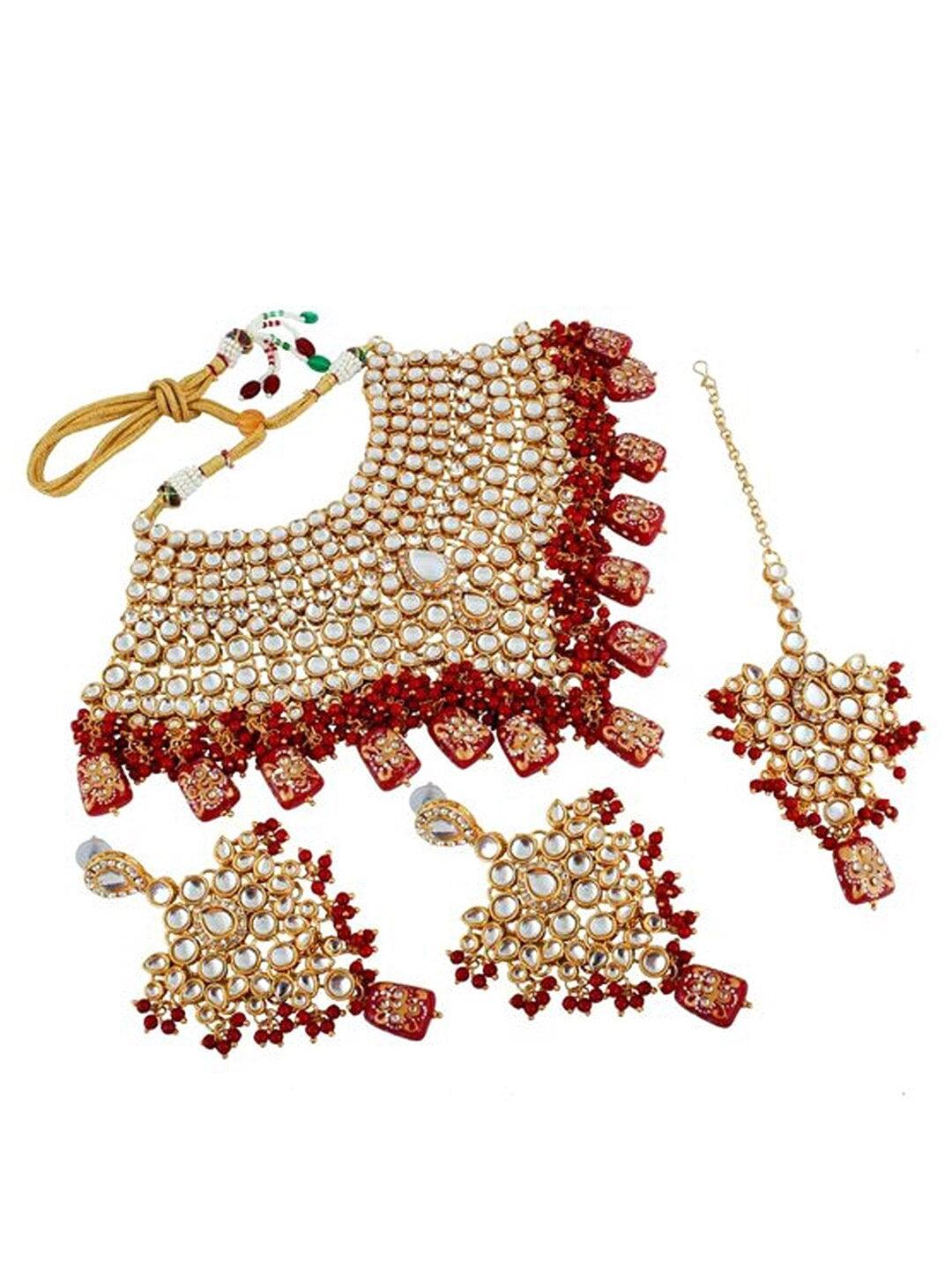 Maroon Gold-Plated Kundan-Studded Jewellery Set - Libasaa