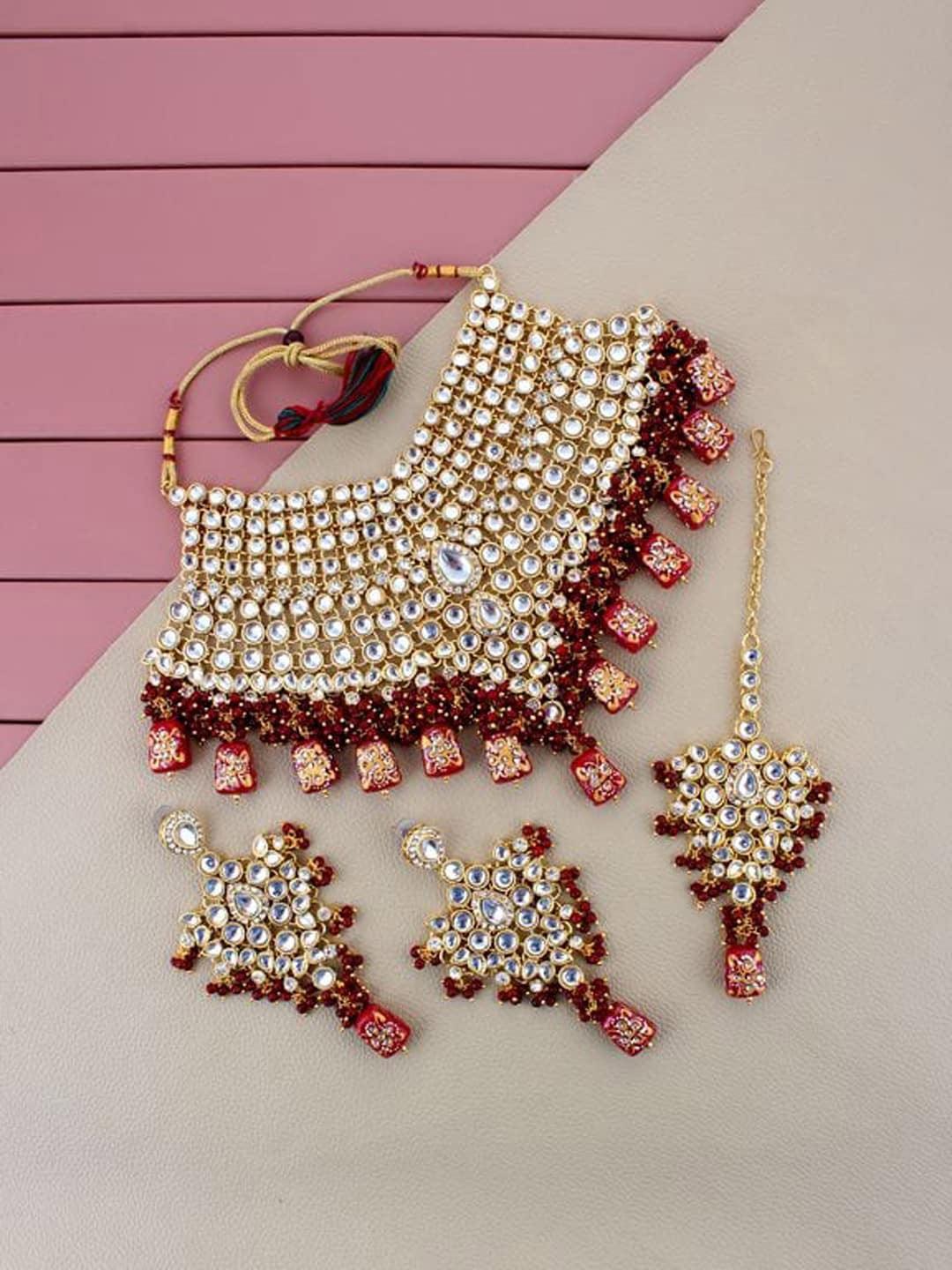 Maroon Gold-Plated Kundan-Studded Jewellery Set - Libasaa