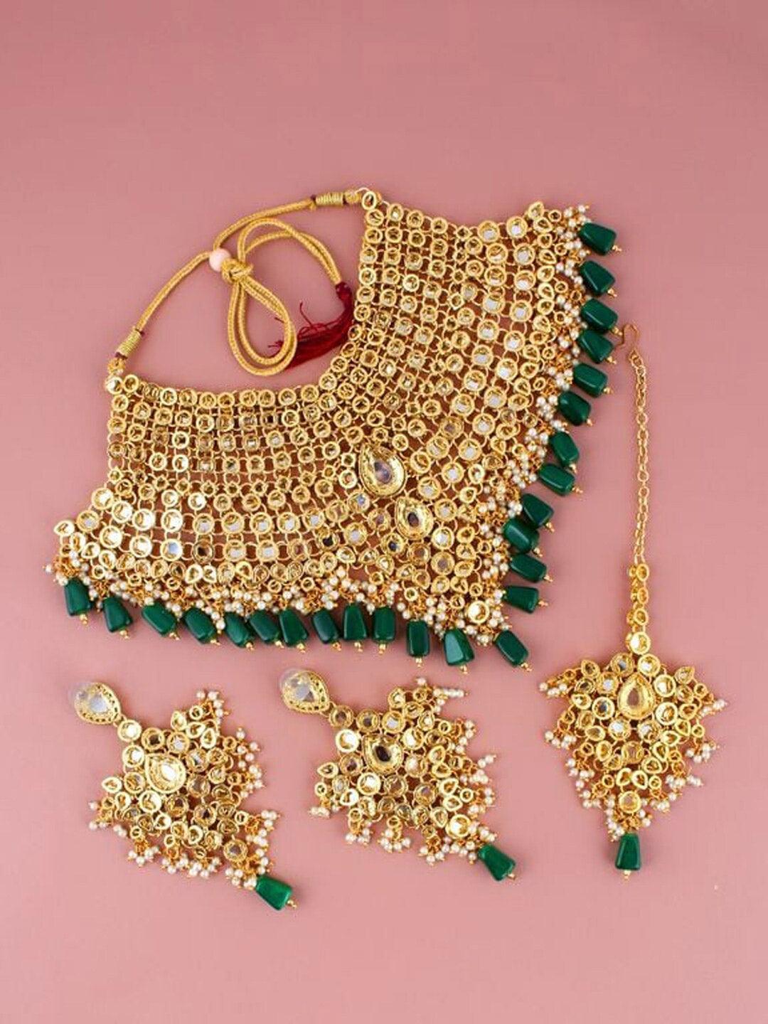 Green Gold-Plated & Kundan-Studded Jewellery Set - Libasaa