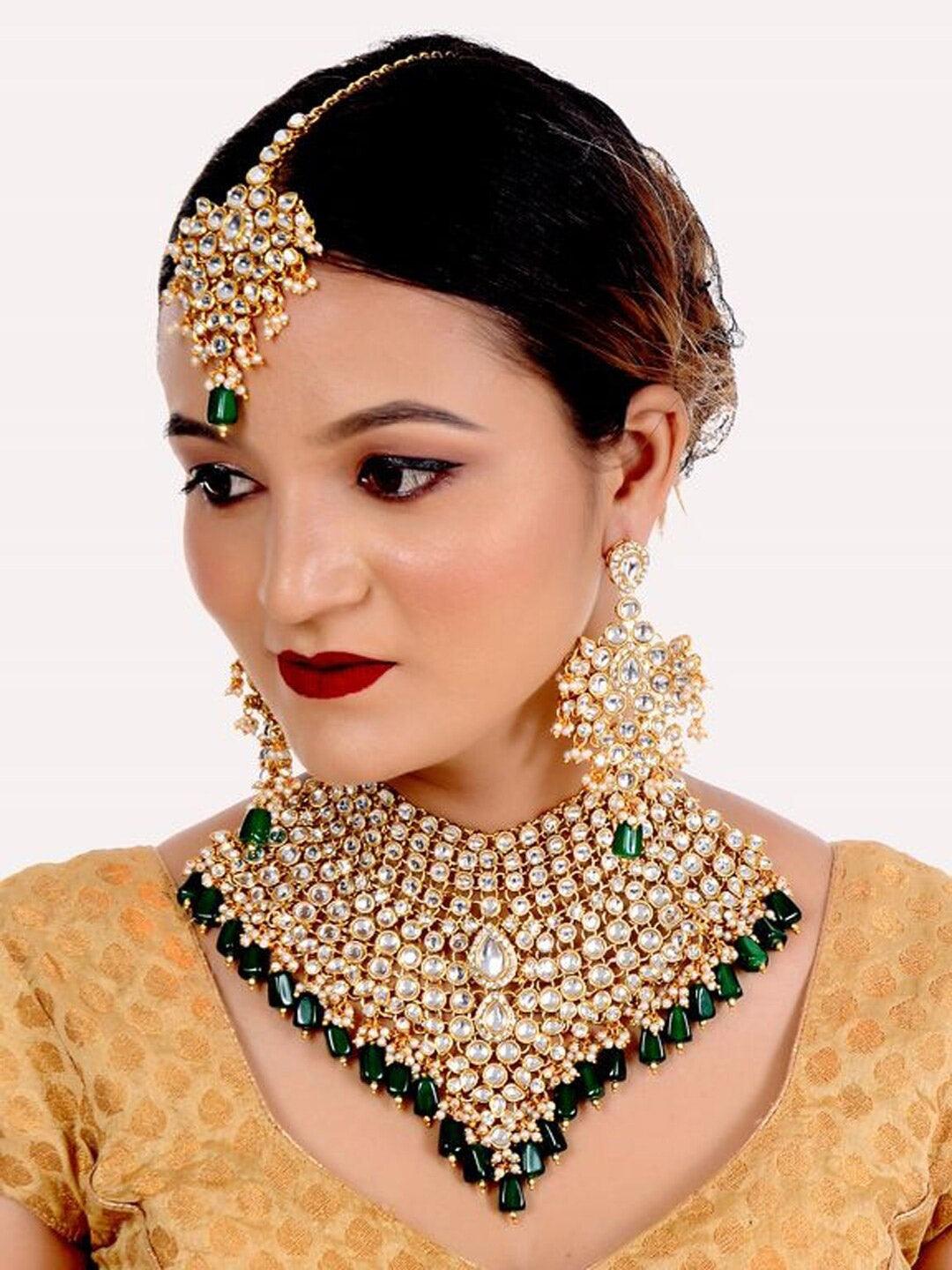 Green Gold-Plated & Kundan-Studded Jewellery Set - Libasaa