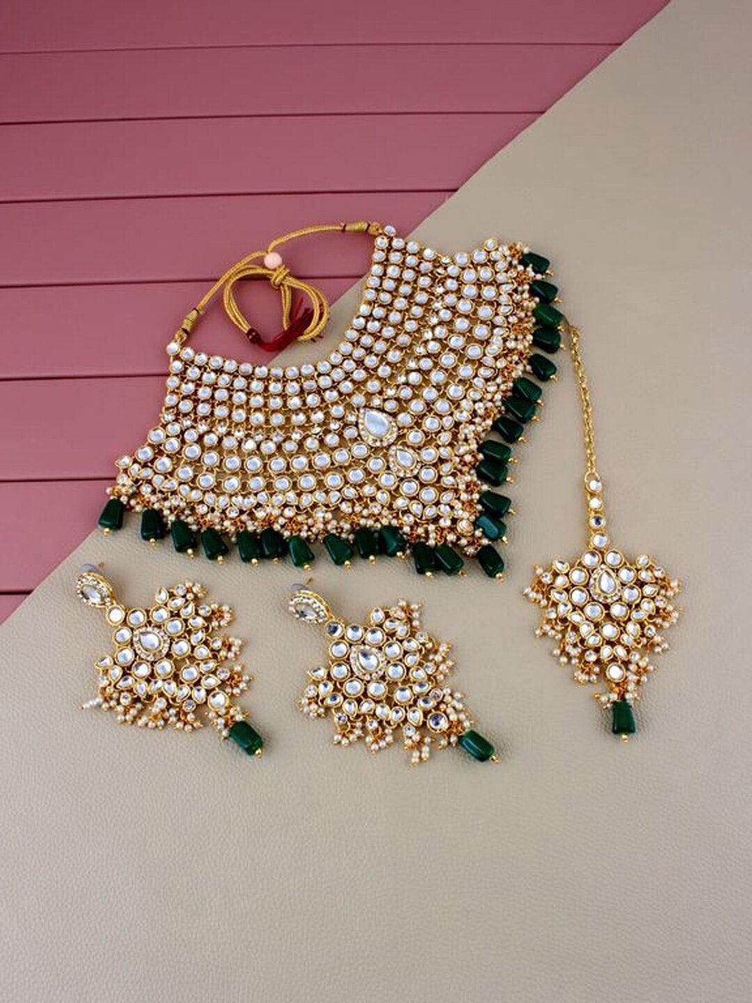 Green Gold-Plated & Kundan-Studded Jewellery Set - Libasaa