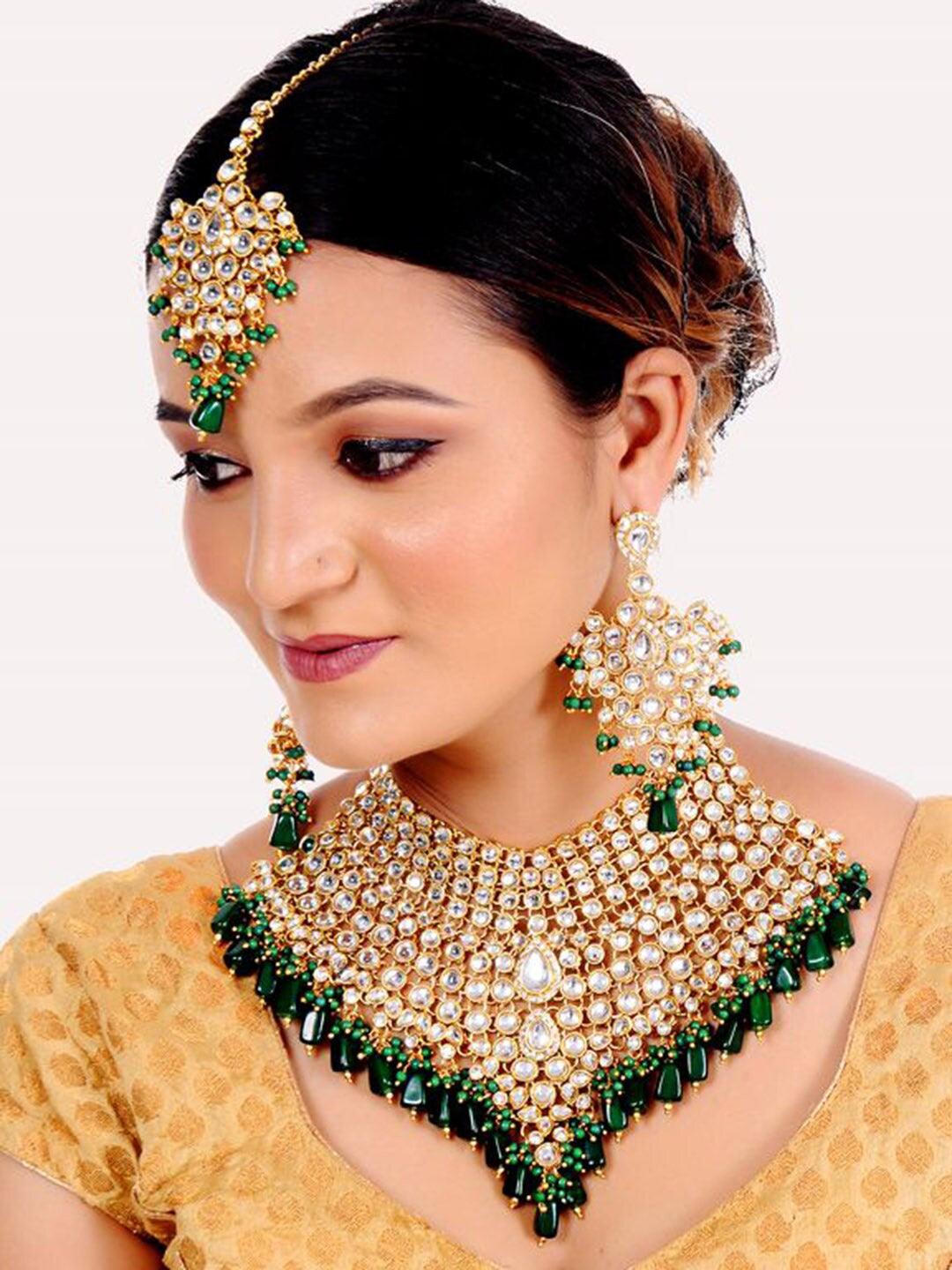 Green 18k Gold-Plated Kundan-Studded Jewellery Set - Libasaa