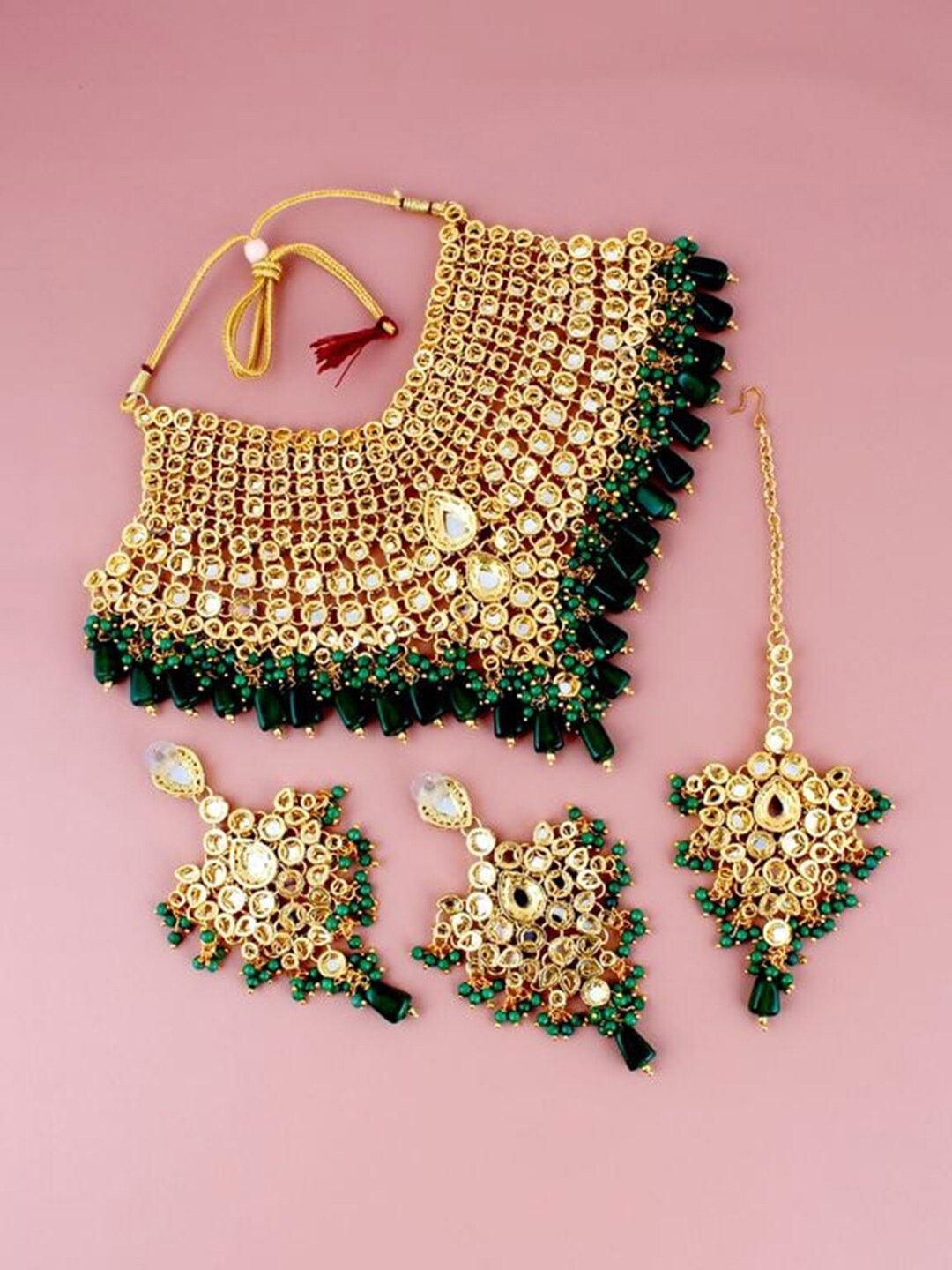 Green 18k Gold-Plated Kundan-Studded Jewellery Set - Libasaa