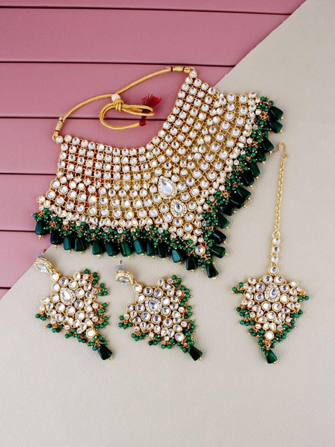 Green 18k Gold-Plated Kundan-Studded Jewellery Set - Libasaa