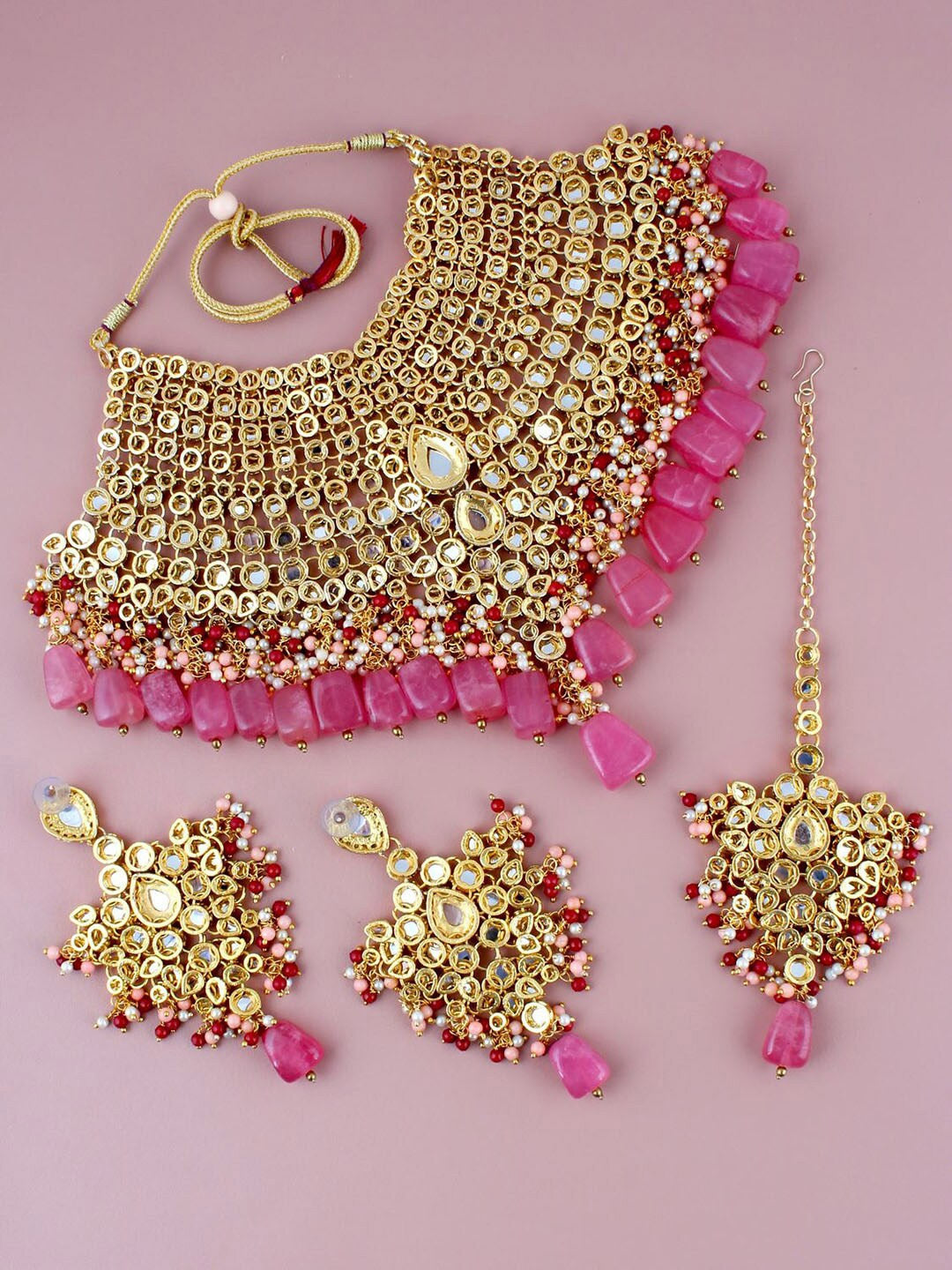 Pink 18k Gold-Plated Kundan Studded & Beaded Jewellery Set