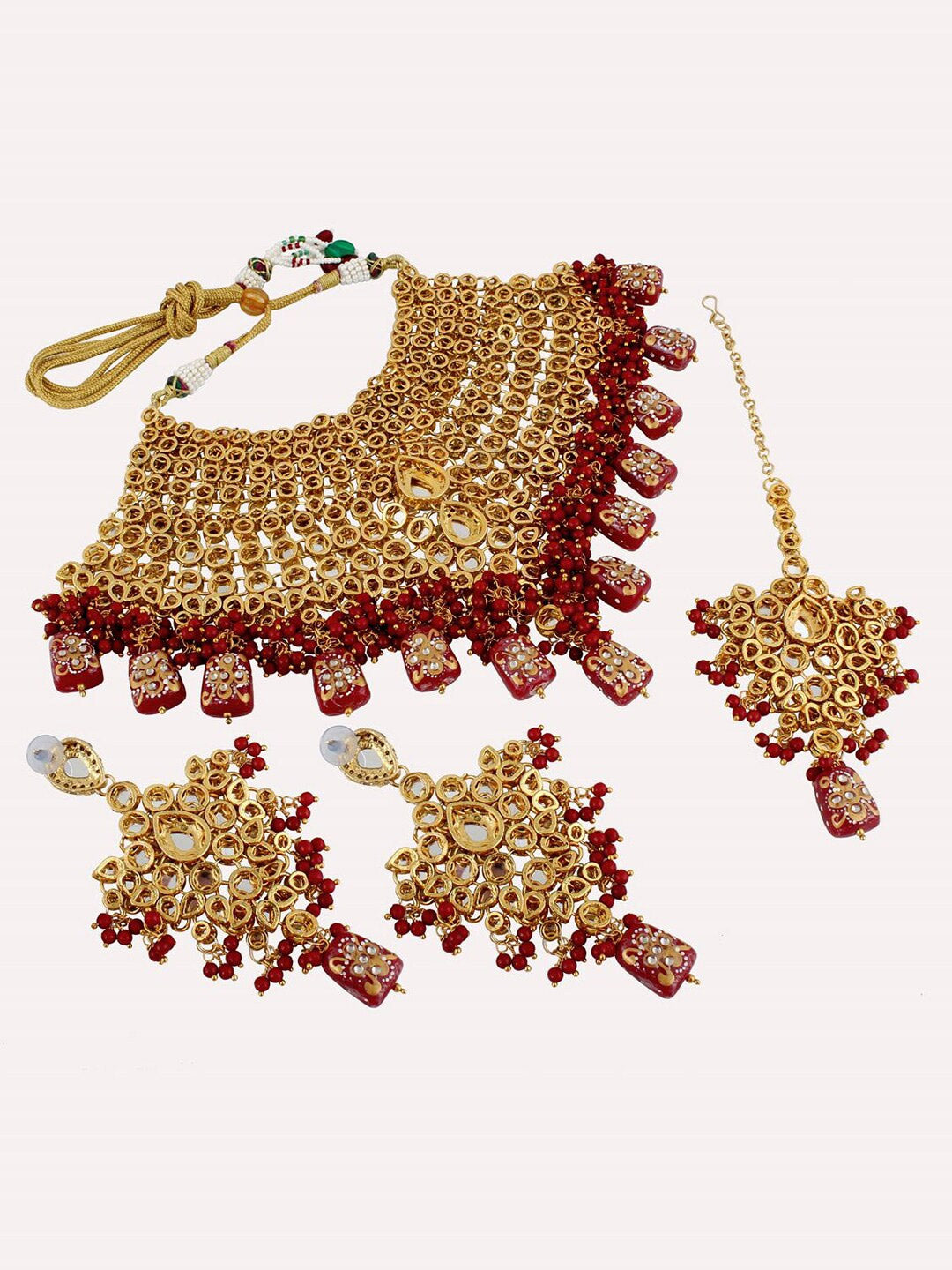 Maroon Gold-Plated Kundan Studded & Beaded Choker Bridal Jewellery Set