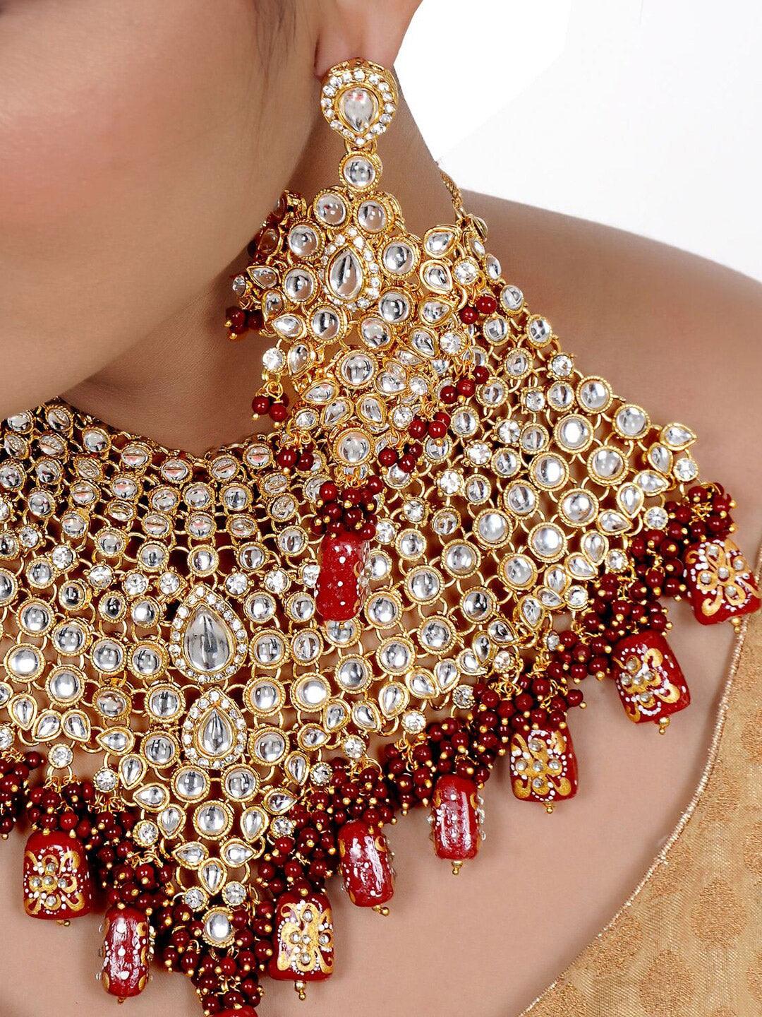 Maroon Gold-Plated Kundan Studded Beaded Choker Bridal Jewellery
