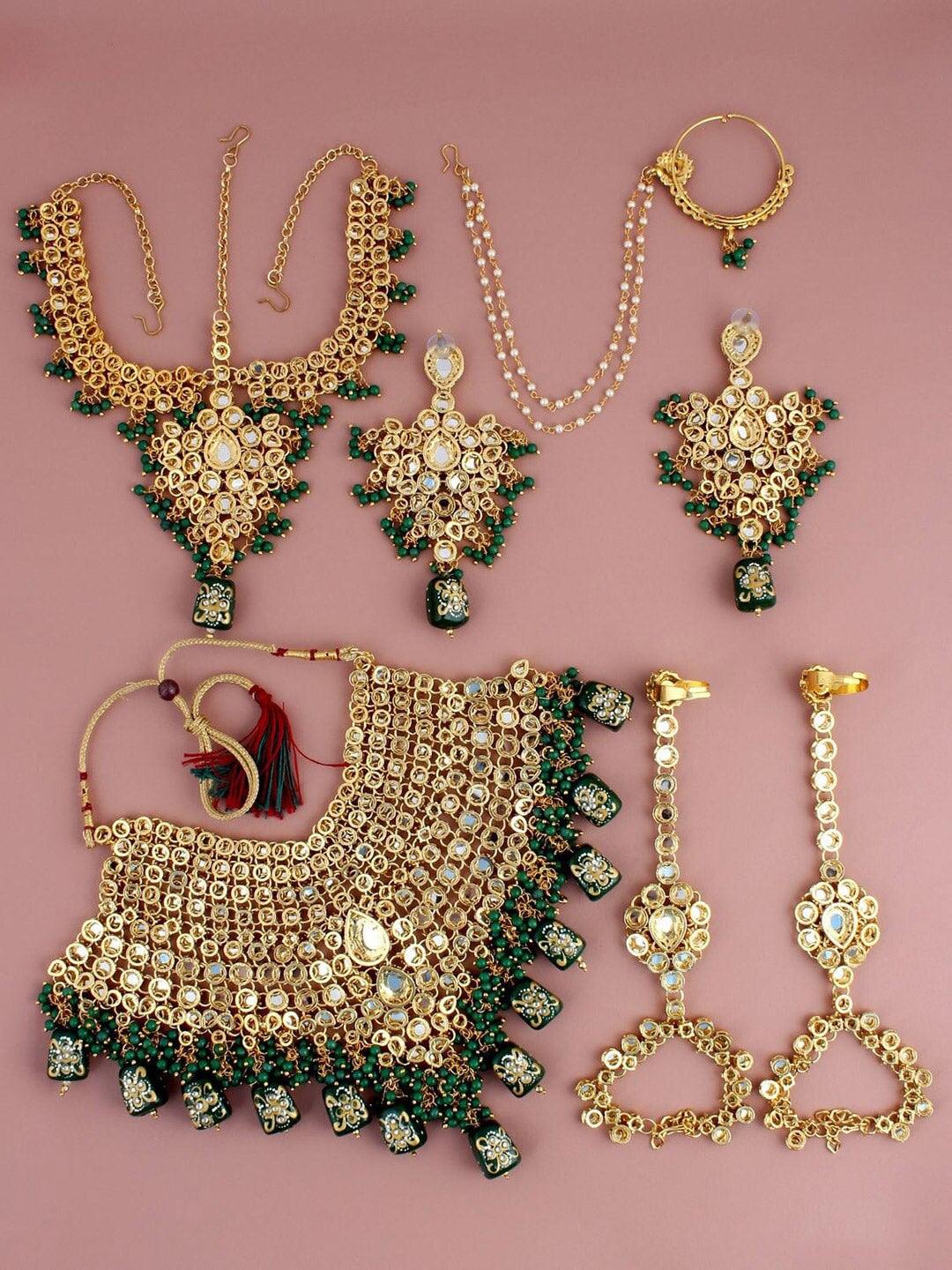 Green Gold Plated Kundan Studded Bridal Jewellery Set - Libasaa