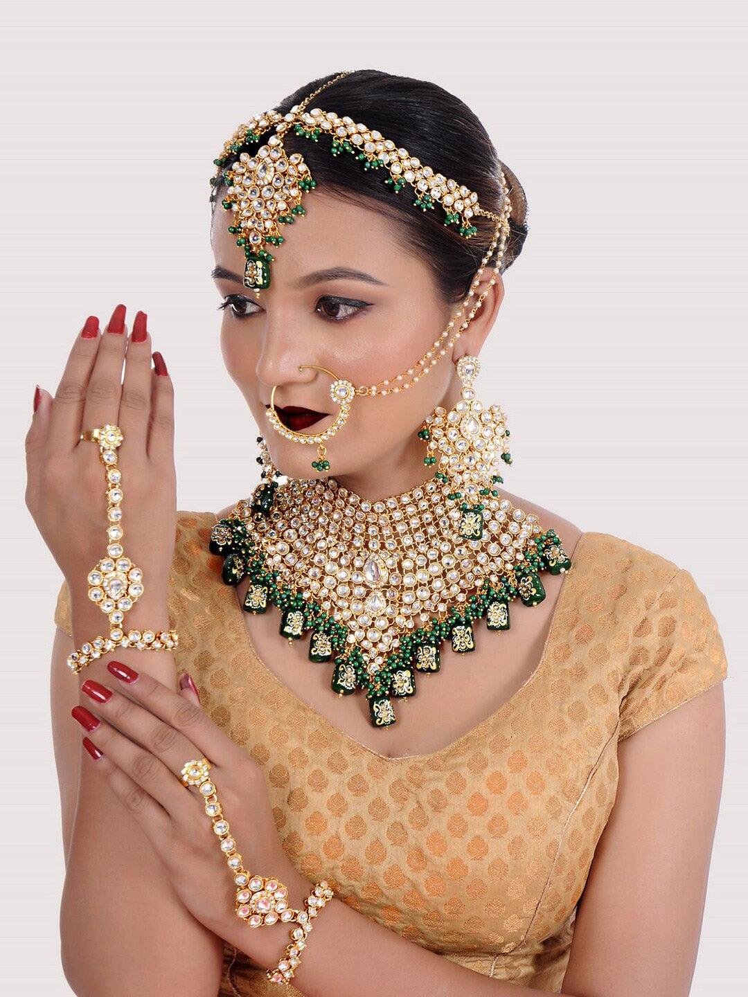 Green Gold Plated Kundan Studded Bridal Jewellery Set - Libasaa