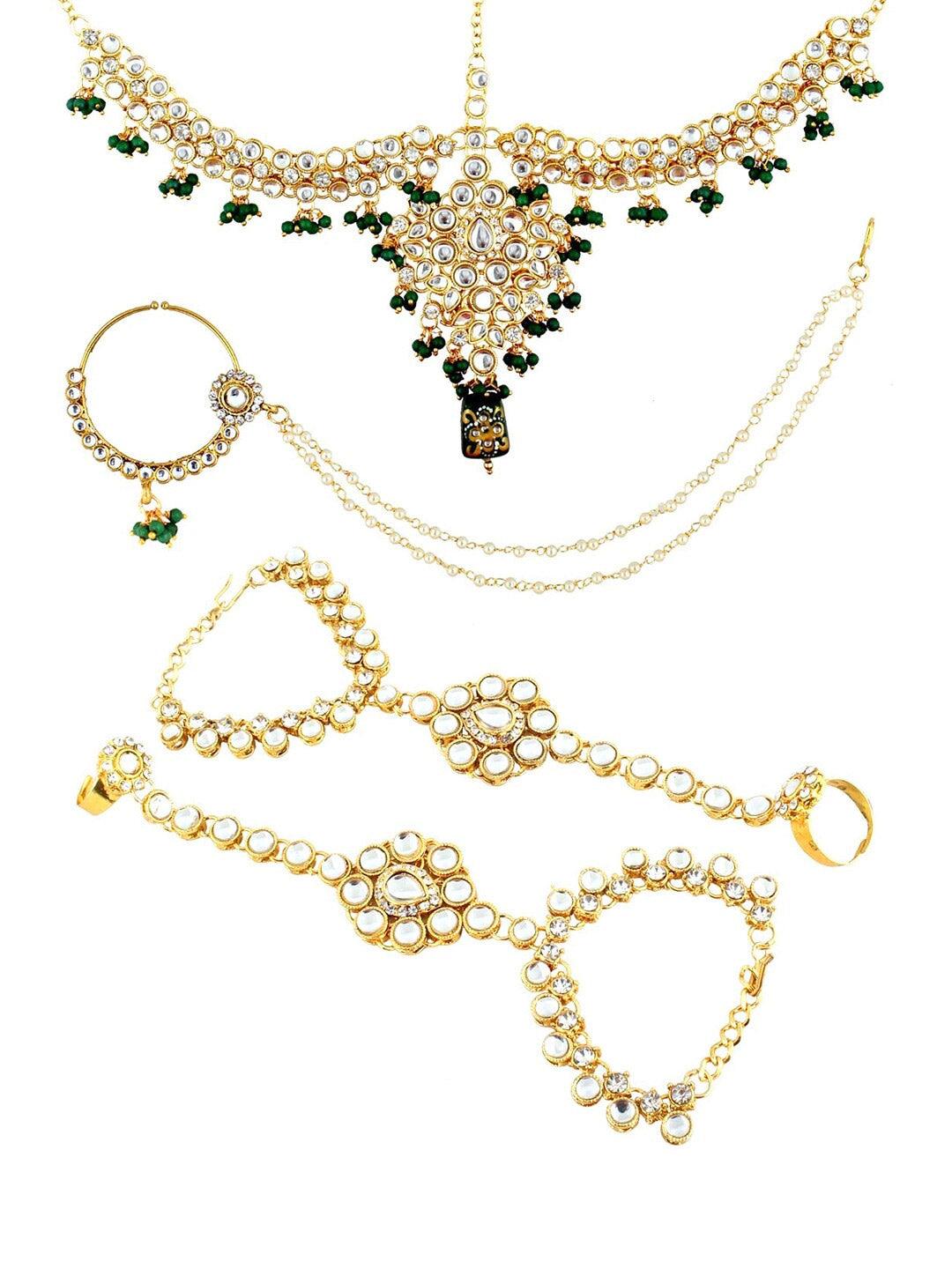 Green Gold Plated Kundan Studded Bridal Jewellery Set - Libasaa