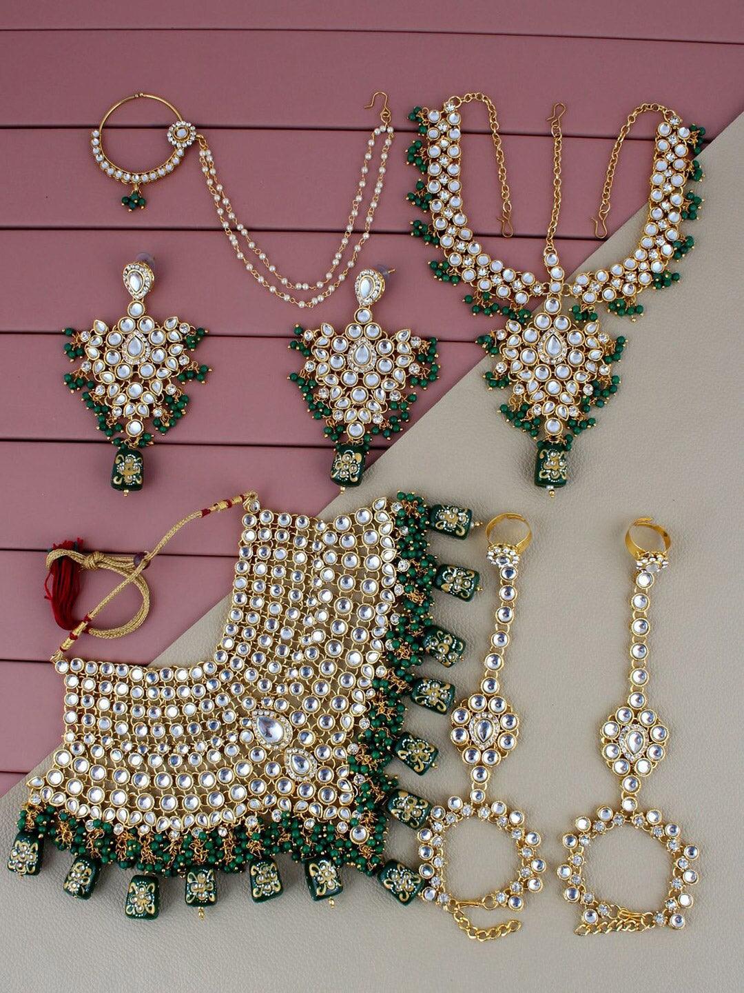 Green Gold Plated Kundan Studded Bridal Jewellery Set - Libasaa