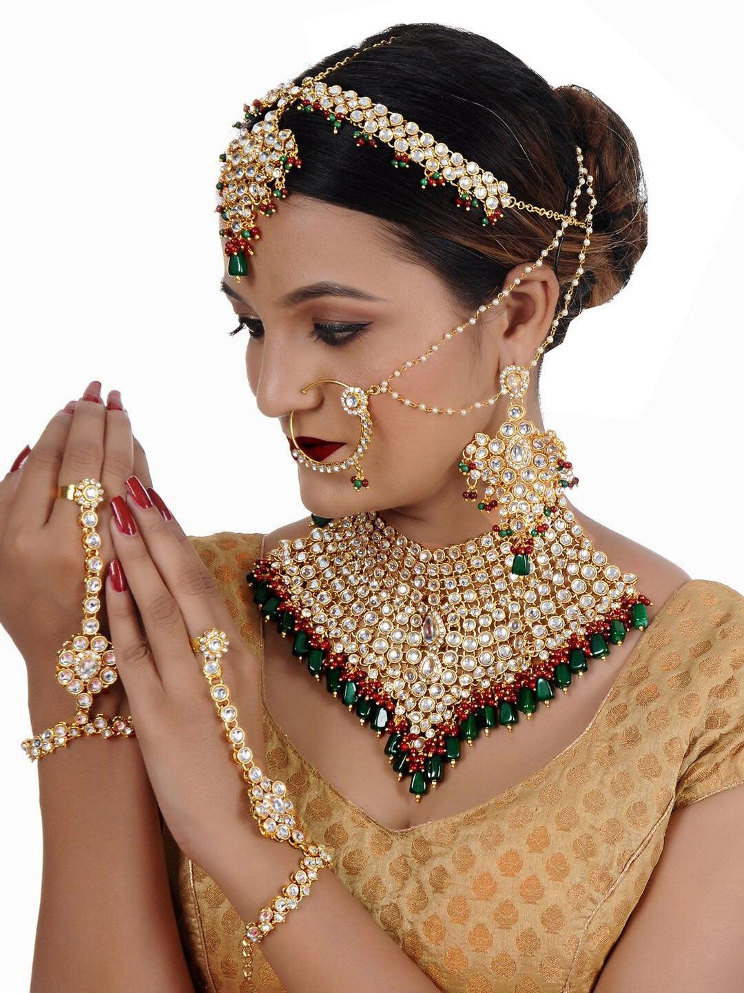 Green & Maroon Gold-Plated Crystal Studded Jewellery Set - Libasaa