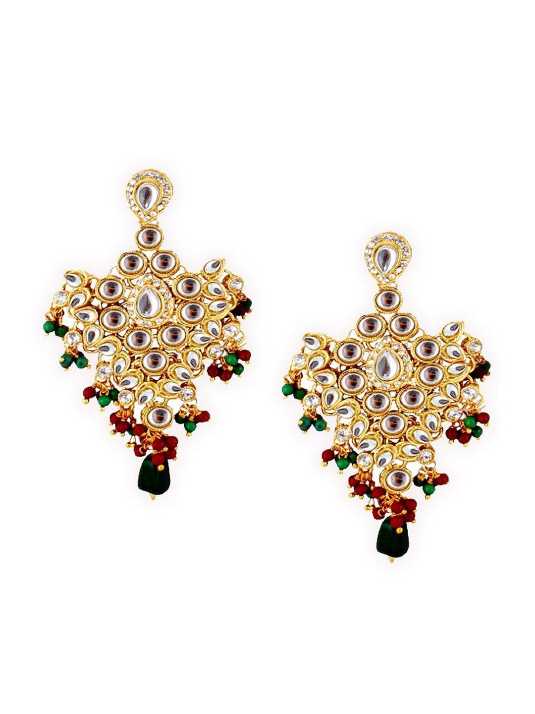 Green & Maroon Gold-Plated Crystal Studded Jewellery Set - Libasaa