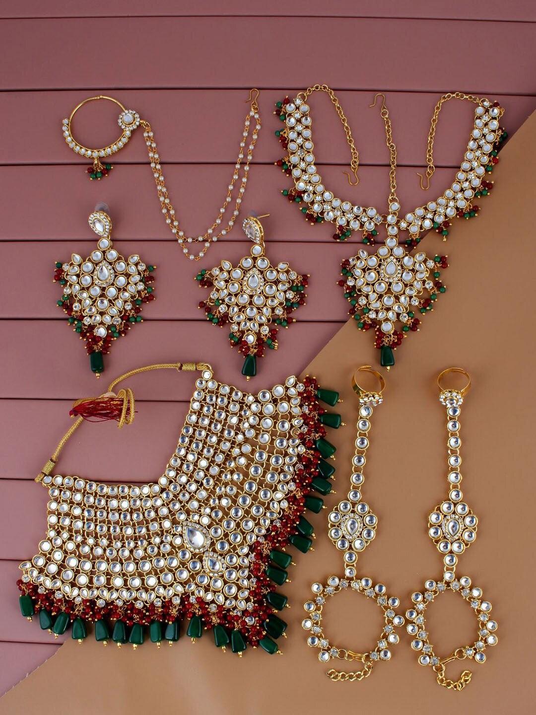 Green & Maroon Gold-Plated Crystal Studded Jewellery Set - Libasaa